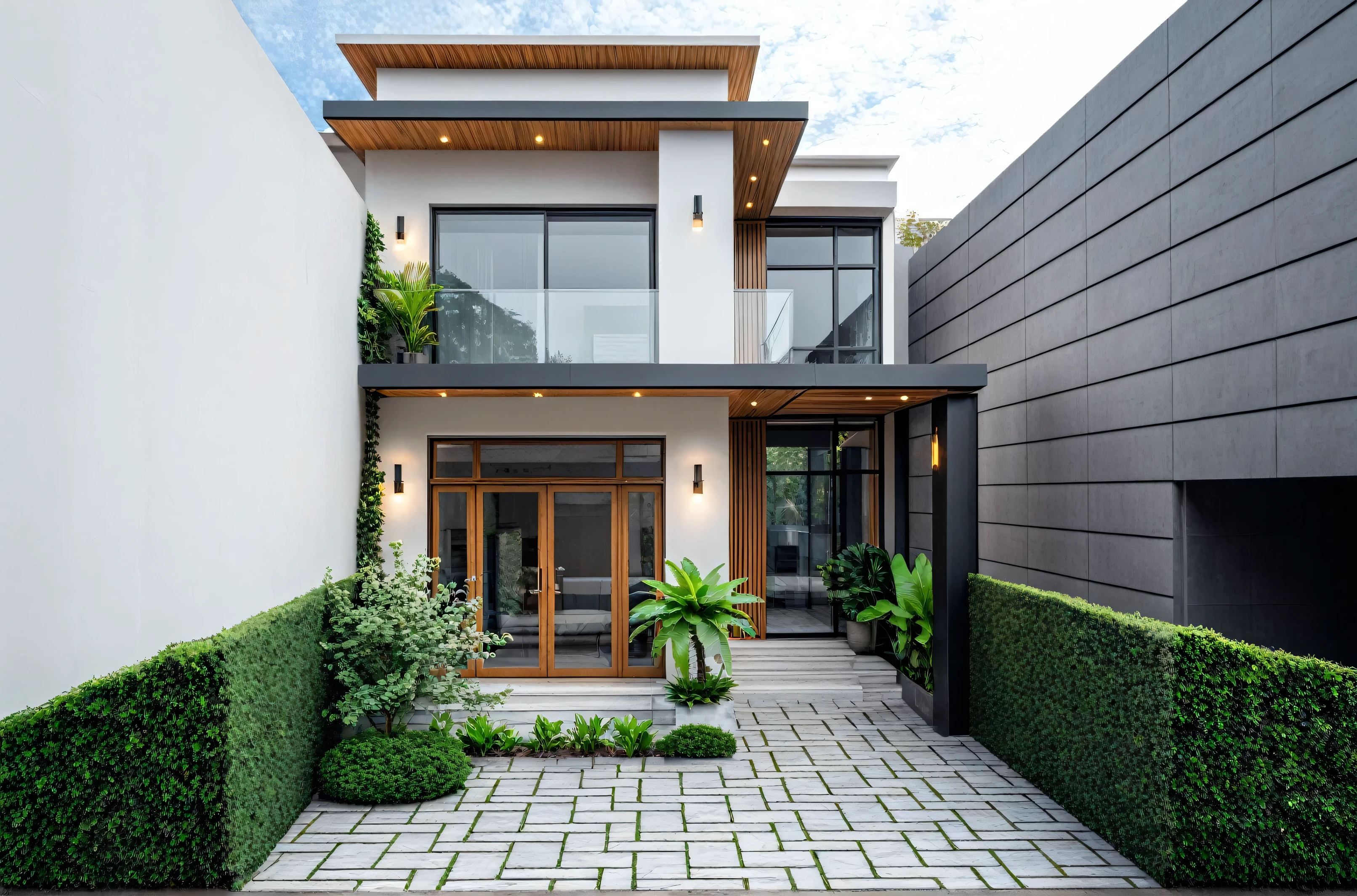 (RAW photo, masterpiece, best quality,ultra-detailed, extremely delicate and beautiful, highresolution, best shadow:1.1), outdoor, modern villa on street, minimalist design, brigth grey tone and white tone, lush shrub, vibrant ambiance, joyful, wooden ceiling, masterpice, material, best quality, Masterpiece, high-end, wood and marble, authentic, super detailed,
