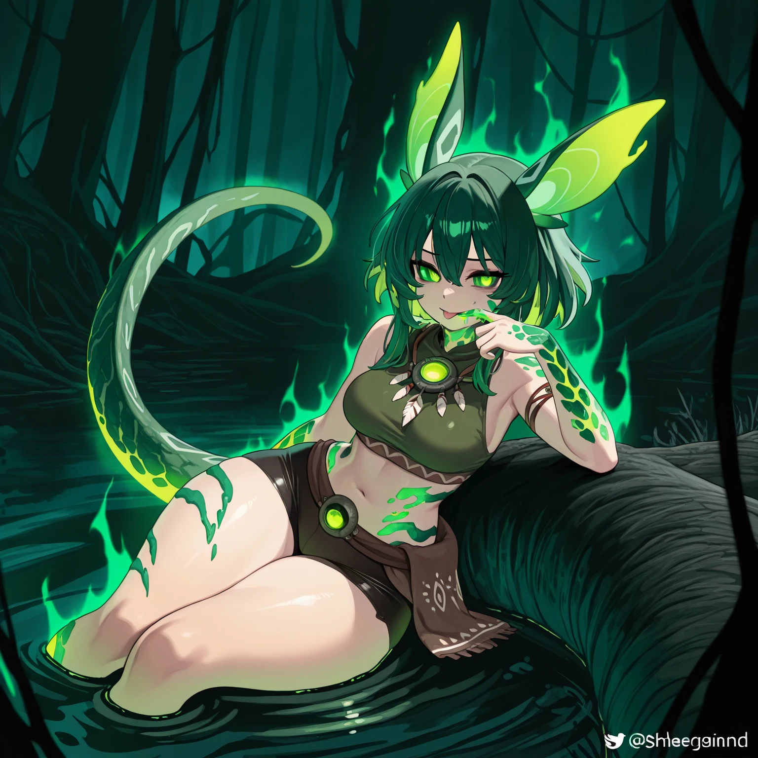 Plant woman, short girl shiny hair, red flower on head, sinister smile, green glowing eyes, Green skin body, full body naked, nipples exposed, vagina exposed, on top of green flower, golden honey dripping from nipples, golden honey dripping vagina