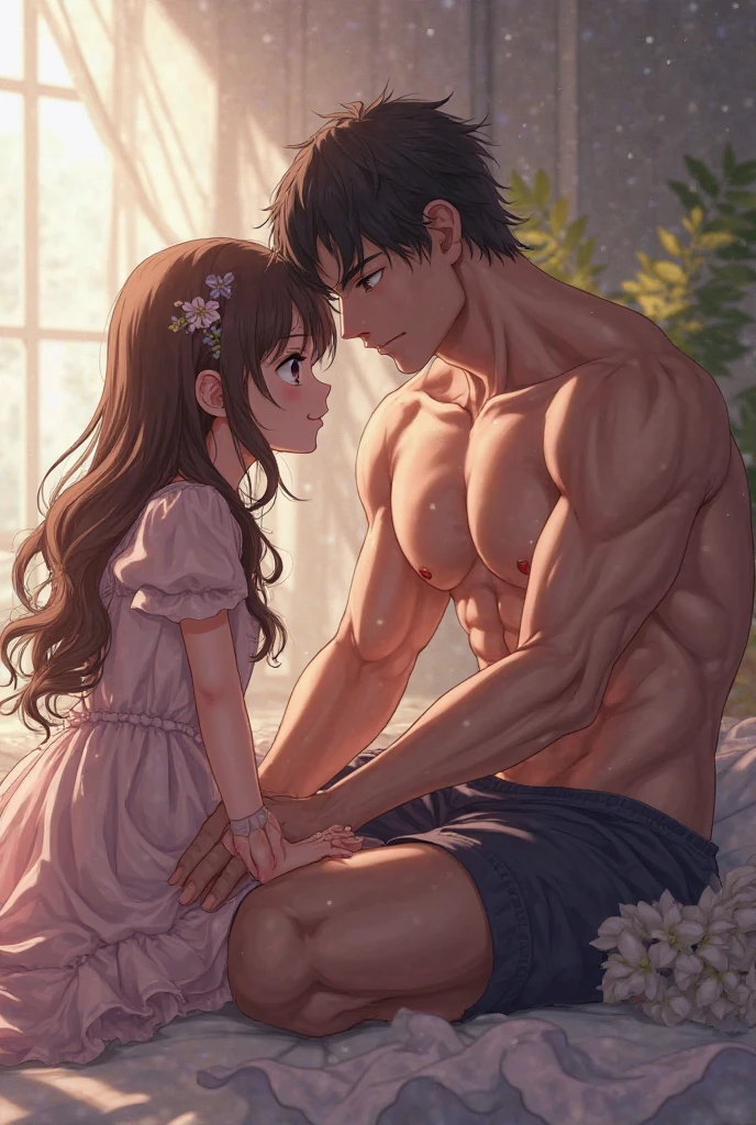A pretty girl sitting with a boy but the boy only has a big arm full of muscles that are hugging each other 