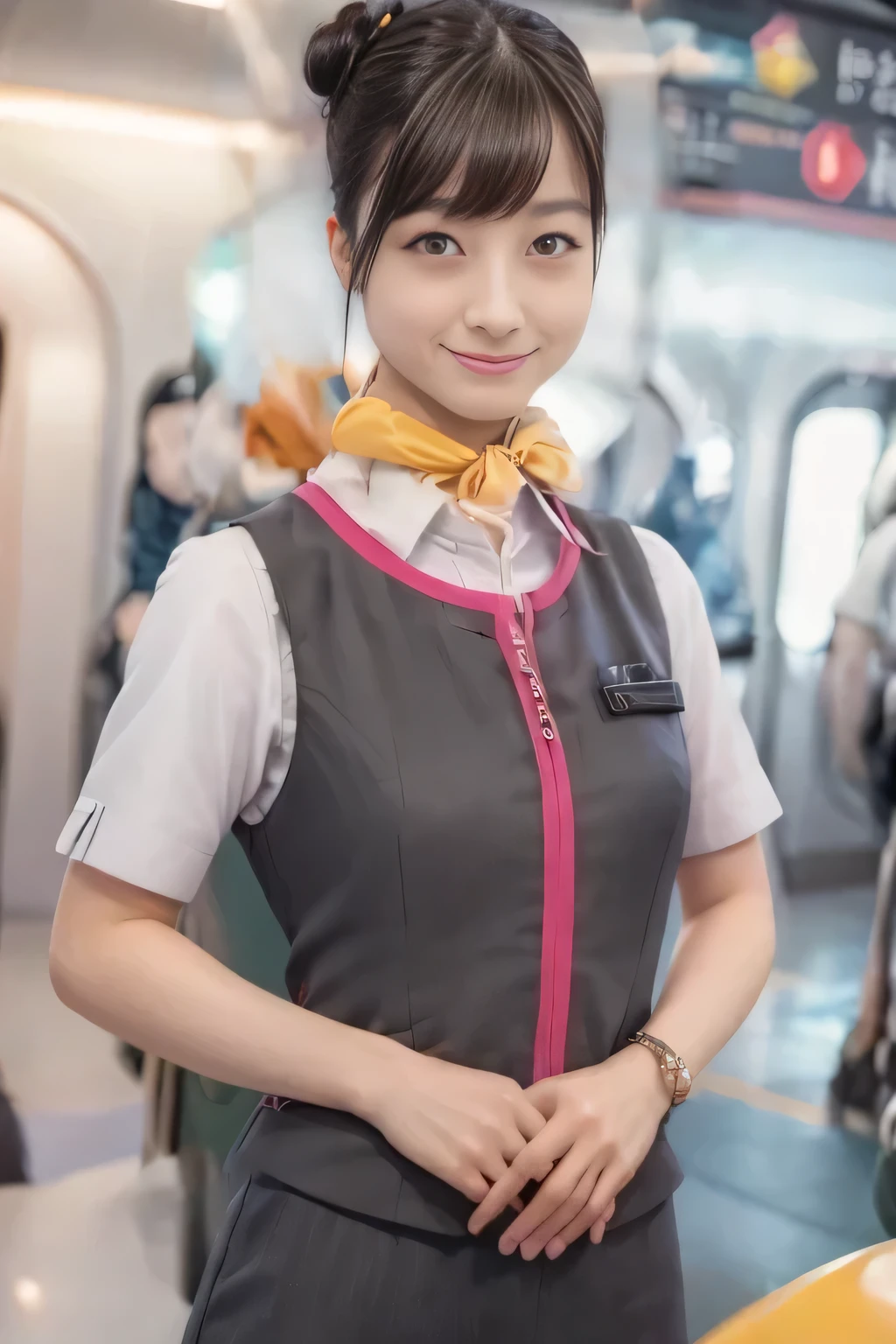 (masterpiece:1.2, best quality:1.2), 32kHDR, high image quality, (alone、 One Girl Doing Pranks)、(Take the Shinkansen、 you can see professional lighting right in front of you )、 car interior background 、(realistic style JR Gran Class crew uniform )、short sleeve blouse、 Wrap a scarf around your neck 、( JR Gran Class flight attendant uniform with pink decorations on the sleeves )、( The JR Gran Class flight attendant uniform、has pink lines on the front zipper of the vest..)、 dark brown hair、( hair is tied、hair bun、hair bun)、 dark brown hair、 long hit 、Big Breasts、(( amazing hands:2.0)),(( A harmonious body shape :1.5)),((Normal limbs:2.0)),((Usually :2.0)),(( Delicate Eyes :2.0)),((Normal eyes:2.0)))、 Fine Necklace、smile、Beautiful position,