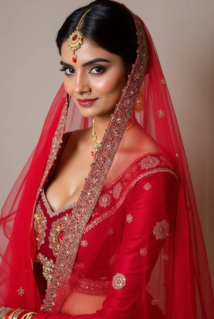 high quality, photo of a 27-year-old woman, detailed face, white and red net saree , priyaba <lora:priyaba:1>