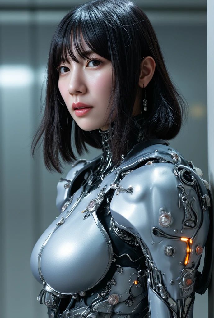 Top Quality, Masterpiece, Ultra High Resolution, (Photorealistic: 1.4), Raw Photo, 1 Girl, Black Hair, Glossy Skin, 1 Mechanical Girl, (Ultra Realistic Detail)), Portrait, Global Illumination, Shadows, Octane Rendering, 8K, Ultra Sharp, Big, Cleavage Exposed Raw Skin, Metal, Intricate Ornament Details, Japan Details, Very intricate details, realistic light, CGSoation trend, purple eyes, glowing eyes, facing the camera, neon details, mechanical limbs, blood vessels connected to the tube, mechanical vertebrae attached to the back, mechanical cervical attachment to the neck, sitting, wires and cables connecting to the head, gundam, small LED lamps,