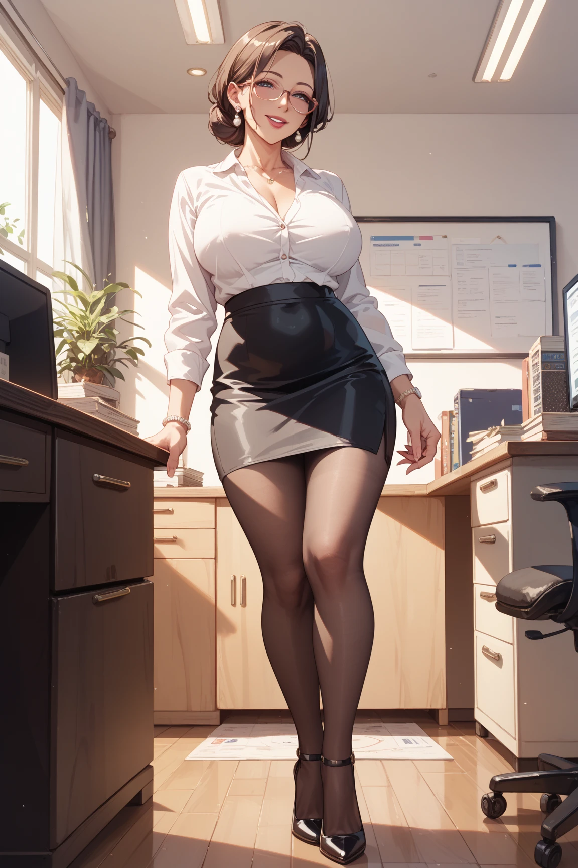 Tall, long-legged, busty office lady standing in the office, seen from below, suit, miniskirt, pantyhose