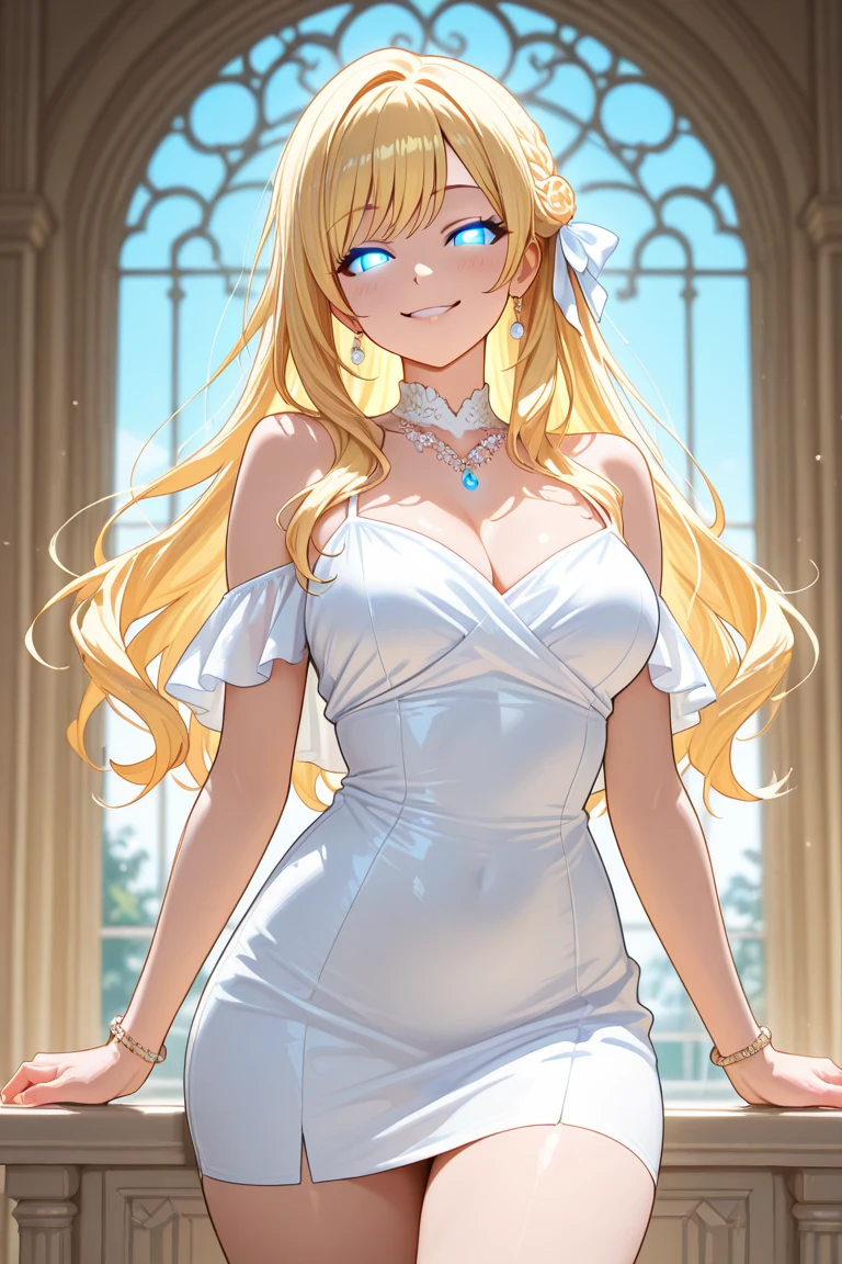 Make a manga in black and white of the image reference, A young woman exudes elegance in a lavishly appointed dining setting. She is dressed in a sophisticated white dress that uniquely combines fashion-forward design elements. The dress features a halter neck that crosses over her chest, leaving a generous keyhole opening in the center that subtly reveals part of her décolletage. The fabric is artfully gathered at one side of her waist, creating an array of pleats that add texture and depth to the outfit, while a high slit on the side of the skirt adds a seductive flair. Her skin is fair, radiating a smooth, even complexion. Her face is symmetrically balanced, highlighted by striking blue eyes, a well-defined nose, and full lips curved into a gentle smile that projects confidence and warmth. Her blonde hair cascades in soft waves around her face and shoulders, enhancing her elegant demeanor.The only accessory she wears is a simple silver bracelet on her left wrist, which complements the minimalistic yet bold style of her dress without overwhelming it. The background suggests an upscale venue with soft, warm lighting that likely mimics the golden hues of sunset. The table is exquisitely set with flowers, candles, and wine glasses, ready for a refined evening meal or special celebration.