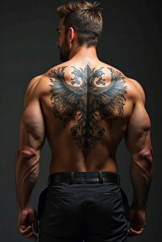muscular man with tan skin, beard, phoenix tattoo on left rib, dragon tattoo on back, (best quality,4k,8k,highres,masterpiece:1.2),ultra-detailed,(realistic,photorealistic,photo-realistic:1.37),intricate details,dramatic lighting,chiaroscuro,cinematic,moody atmosphere,warm color palette