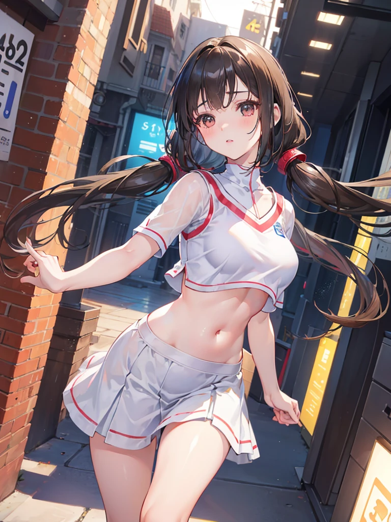 (Perfect body),best quality,(8K Portrait),(official art)、((National Foundation))、(((Large chest))),((moralityark hair)),(Sweat),((White tennis clothes))、Pink Mini Skirt、((White movement))、(armpit)、((Place your hands behind your head))、1 Girl,((:morality))、hot、((Long twin tails))、locker room、