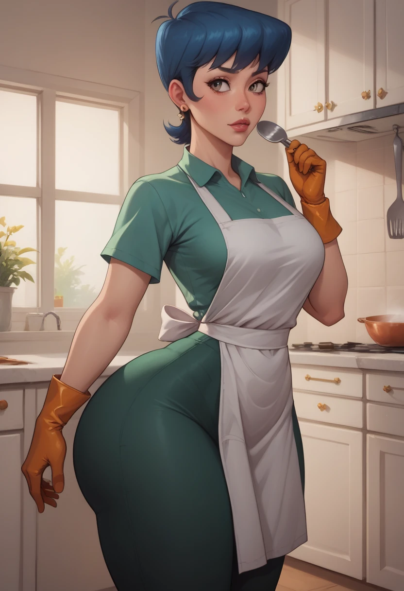 masterpiece, (mom (dexter's laboratory)), 1girl, solo, apron, jewelry, earrings, (detailed gloves at hands), better_hands, medium breasts, wide hips, lipstick, curvy, buttom shirt, large breasts, (arms behind hip height), collared shirt, thick thighs, short hair, orange short hair, short sleeves, mature, elbow gloves, green pants, soft light, kitchen, table, chair, afternoon, blur_background