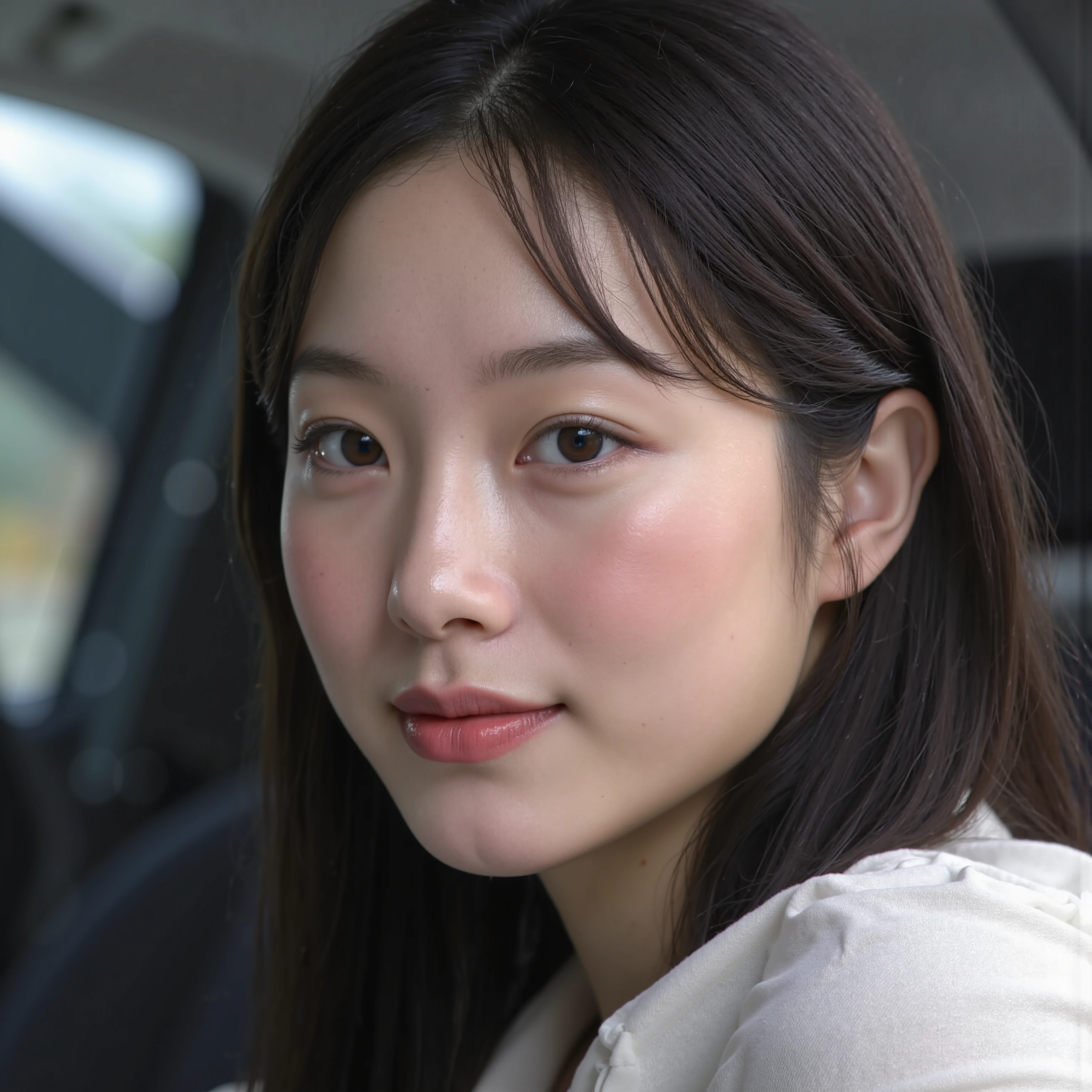 (vivid smile:2.5), (natural lip curl:2.2), (discreet cheek lift:2.3), (Smiling eyes:2.3), ( dimpled cheeks :2.0), (realistic shading on lips and cheeks:2.2), (ultra-detailed skin texture:2.3), (soft skin highlights:2.0), (moist lip reflection:2.1), (rugas perto dos olhos ao smile:2.4), (warm and inviting smile:2.5), (soft ambient light on the face:2.3), (mischievous smile with slight head tilting:2.2), ( light blush on your cheeks :2.1) Full-body shot of a Korean idol, ultra-detailed skin texture e hiper-realista, smooth and flawless complexion, soft natural glow , delicate highlights and shadows, } subtle pores , slight pink tint, even skin tone, perfect shading, Ultra-high resolution, cinematographic lighting, realistic muscle definition, natural body curves, high-definition rendering, fine details in the skin texture, realistic light reflections, soft translucency, soft ambient occlusion, natural subsurface dispersion, ultra-sharp details, without distortions, no unrealistic proportions, no overexposed areas, no plastic texture, perfect anatomy. 1 , Selfie, sideways, , Korean, Tune , pinched eyes, eyes, parted bangs on the right side , youthful appearance , black hair , details eyes , average lighting, Iris , smile, round face, youthful appearance , sitting on the edge , vintage aesthetic , cute face, full lips, long hair, volumoSo hair, luz media , Reflection in the Environment, looking for , Sitting in the car seat, inside the car,