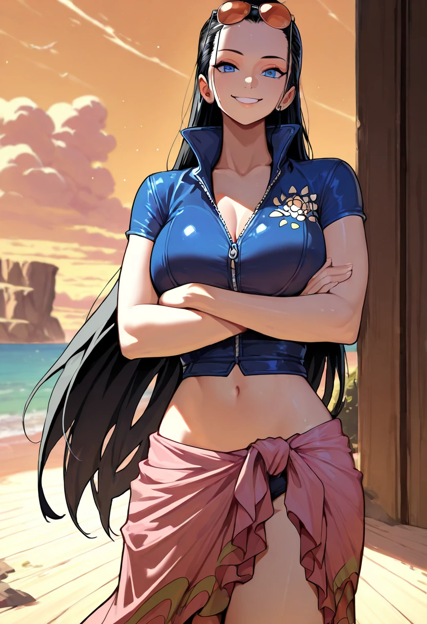 nico robin, 1girl, black hair, blue eyes, , eyewear on head, from side, hair slicked back, hands on own hips, large breastshair, long skirt, looking back, narrow waist, sarong, smile, solo, standing, sunglasses, sea, floral pattern on sarong, ((masterpiece))