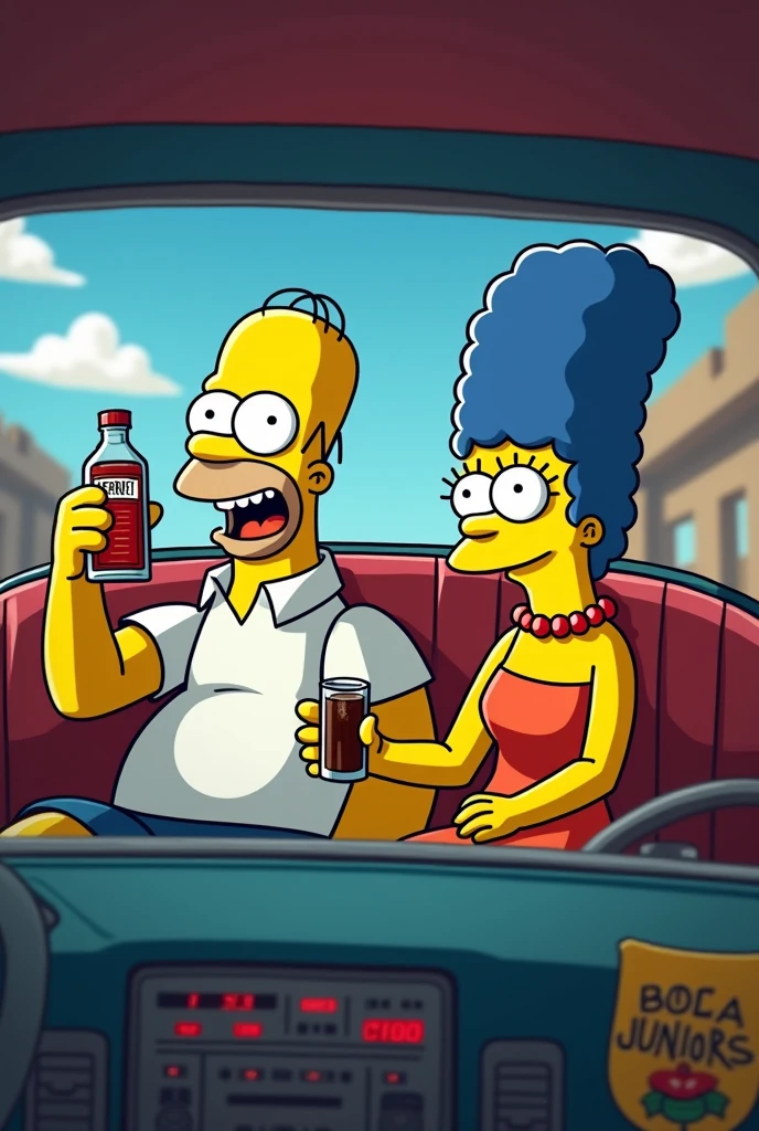 Generate etiqueta de cerveza of Homer Simpson feliz sitting on the floor smoking a cigarette, Marge Simpson feliz sitting on the floor drinking a bottle of whiskey, back to back,text "BEODOS" graffiti neon style