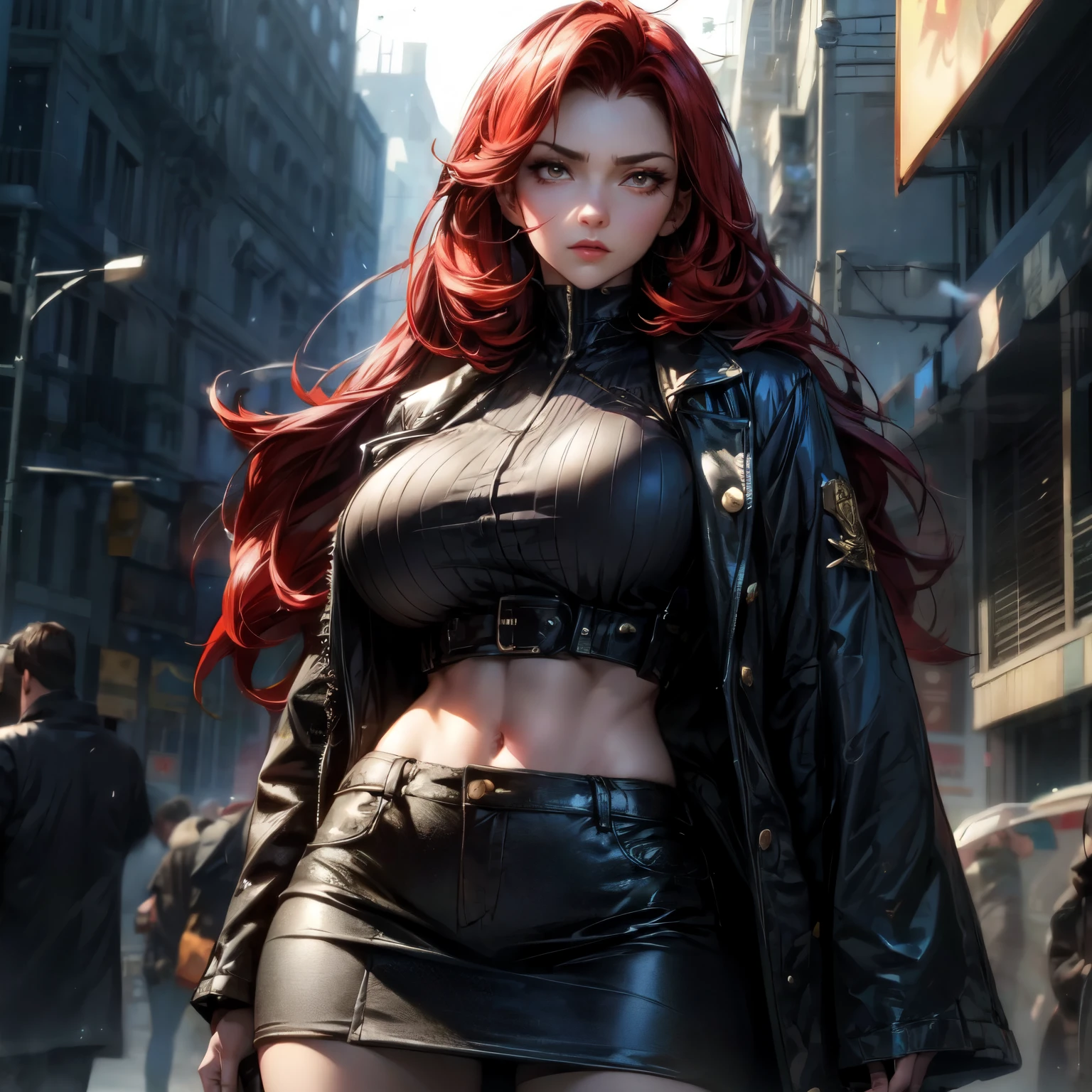 ((best quality)), ((Masterpiece)), ((Enrich the picture,Masterpiece level quality)), red hair, long hair, very big breasts, golden eyes, fierce woman, street fasion, mini black shirt, mini black skirt, sexy jacket, best quality, RAW 4K, Realistically, ( cinematic lighting, moody, textile shading), perfect proportions, ultra detailed, volumetric lighting, soft lighting, glossy skin,