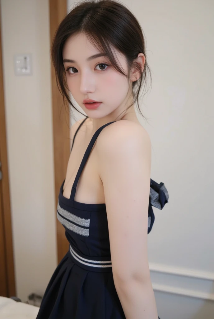 one girl, (a beauty girl, delicate girl:1.3), (15 years old, :1.3), break, (shirt, Navy blue apron, Lawson:1.3), panties, break, Extremely fine grain resolution, (Symmetrical eyes:1.3), break, (Inside a convenience store:1.3), perfectly trimmed fingers, break, Small breasts, Brown eyes, Parted bangs, brown hair, girl, break, (Eye and facial details:1.0), break, (masterpiece, highest quality, Ultra-detailed, Detailed face, 8K)