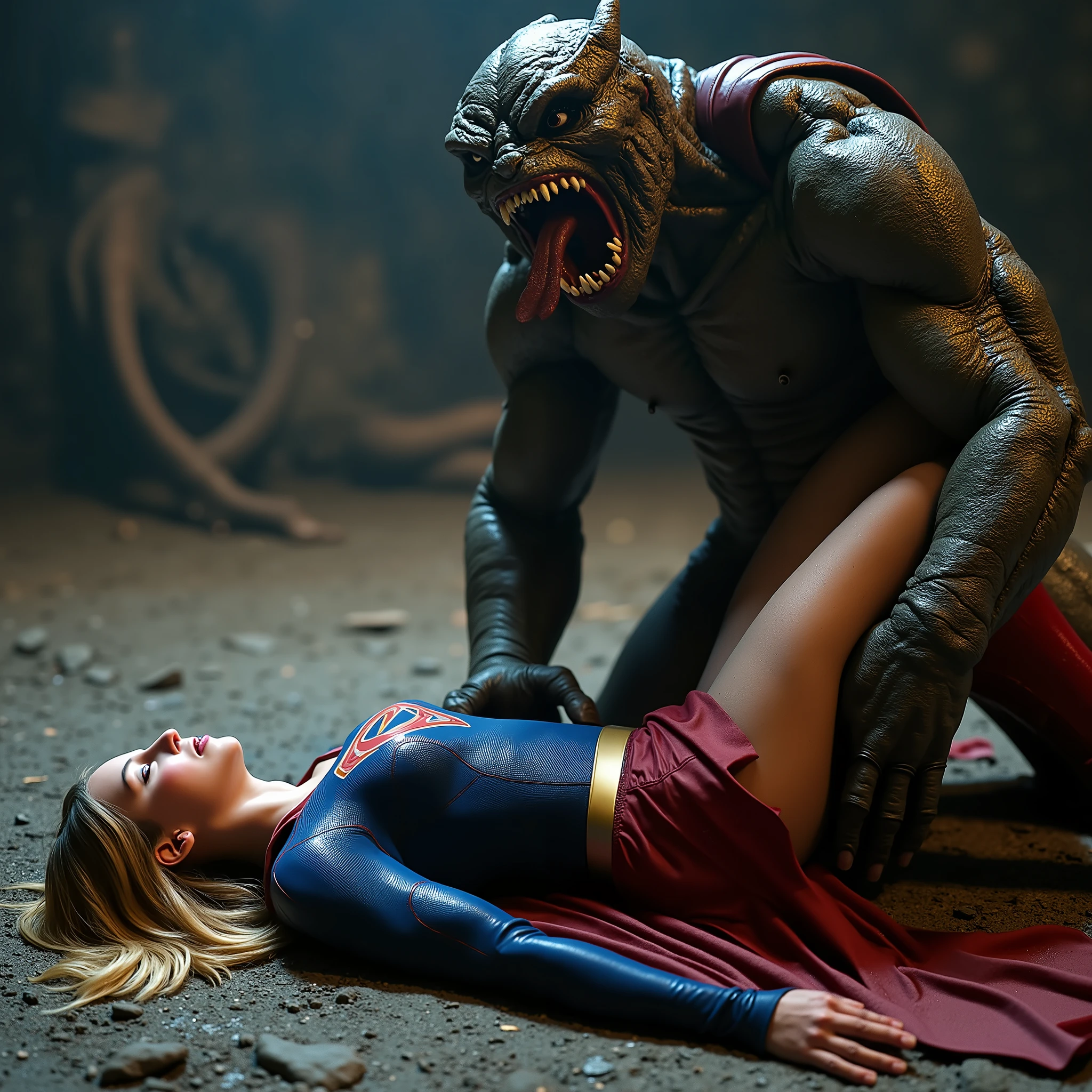 Supergirl is lying flat on the dirt, very bright white skin, her legs wrapped around the monster waist., can see whole body, She is wearing a thin black pantyhose, very short red skirt, flipped up skirt, red knee height long boots, blonde hair, unconsciousness, eyes close, painful face, a fierce monster is kneeling attach to Supergirl body between her legs, photorealistic, hyperrealism, night time, underground cave,