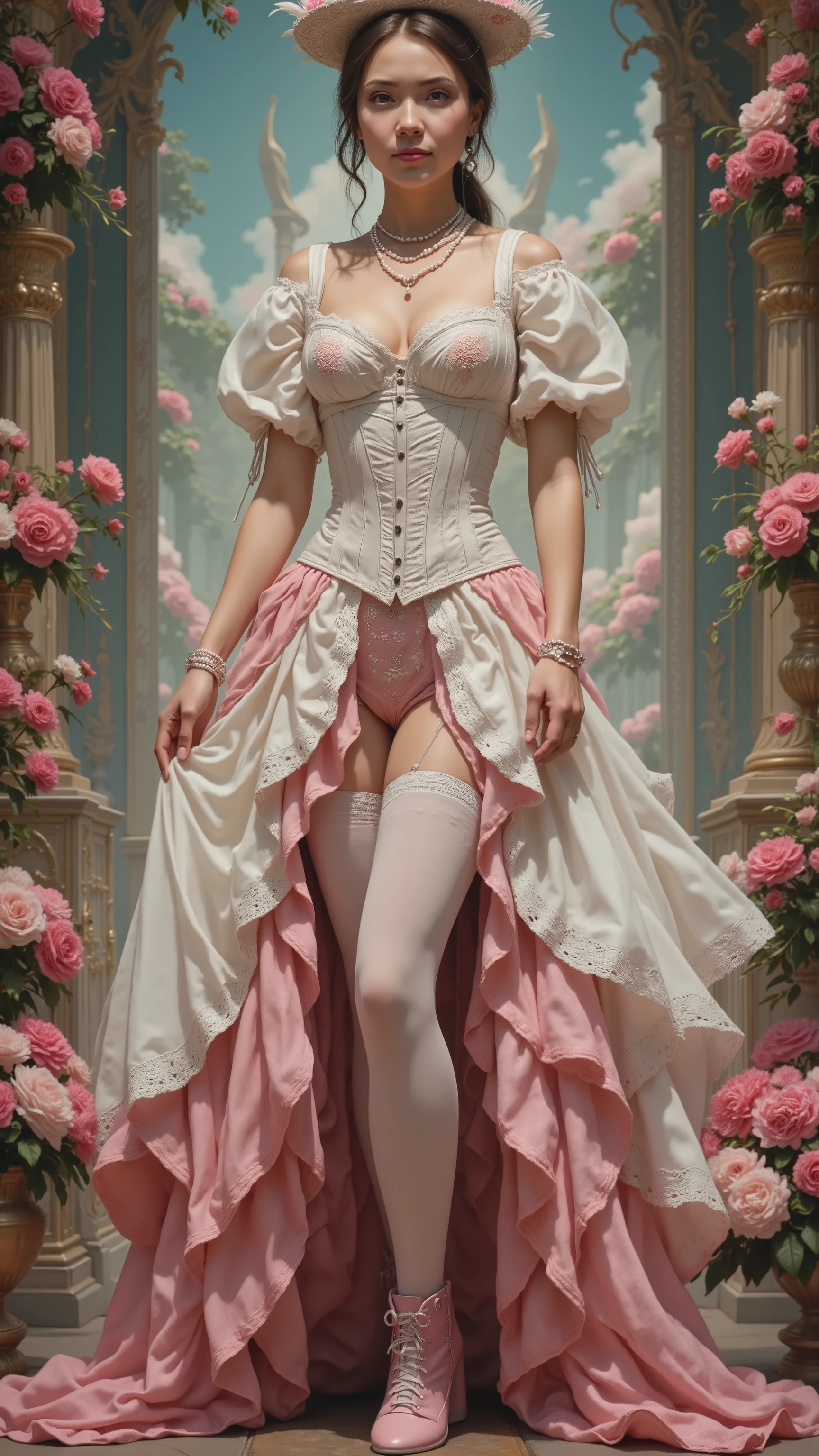 Death Stranding's mom 、Reminiscent of the style popular with 19th century pin-up models, the . is styled with a , Fit , intricate pearl jewelry shines softly Her neck , flows into layers of white and pink silk voluminous skirts 、 adorned with lace and embroidery details . peeked through from below 、 corset bodice . is , decorated with feather hat , subject wears a garter belt with suspenders 。. The woman wears a white garter belt with suspenders, white stockings, and a pair of pink boots with buttons . are made of shiny white nylon and 、 sewn with 2 welts . Her physique is , You can see , she exudes elegance and refinement 、Craftsman quality , embodying the pinnacle of 19th century beauty . Poses, Bent. full body.