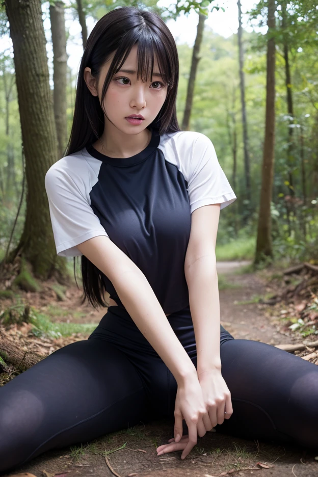 masterpiece, best quality, Surreal, Ultra Detailed, 8k resolution, RAW photos, Clear focus, (A girl in the forest), ((light gray shirt:1.1)), Short sleeve, sports Shorts,Full body posture, Solitary, Perfect body, Become a, 32 inches in the chest,(a charming smile:1), (sexy pose),26 years old, light,White shoes