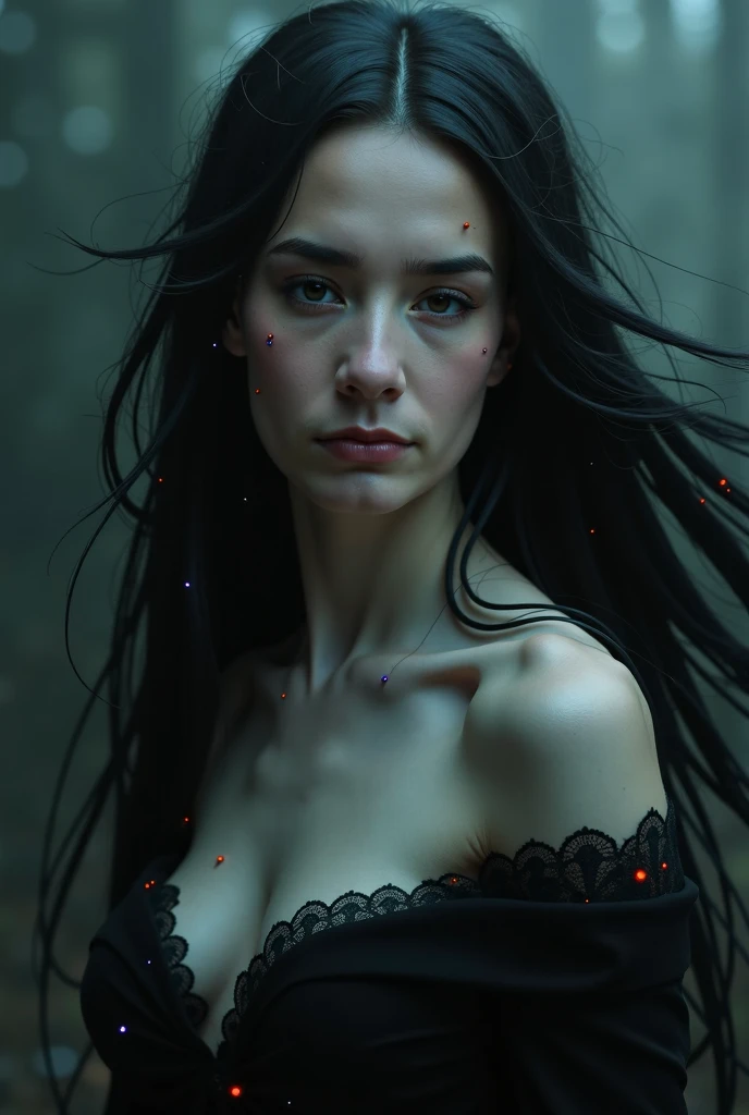 Cinematic, very beautiful, bombshell, delicate face, big eyes, gouache wash, calligraphic lines. Rolf Armstrong, Mary Blair, Lichtenstein. Darkness, surrounded by fog, eerie, ????, mysterious, vintage, gouache painting portrait ethereal translucent Great Gatsby ingénue, hypnotic gaze. Long dark wavy hair, greens and blues, red lips, dynamic pose.