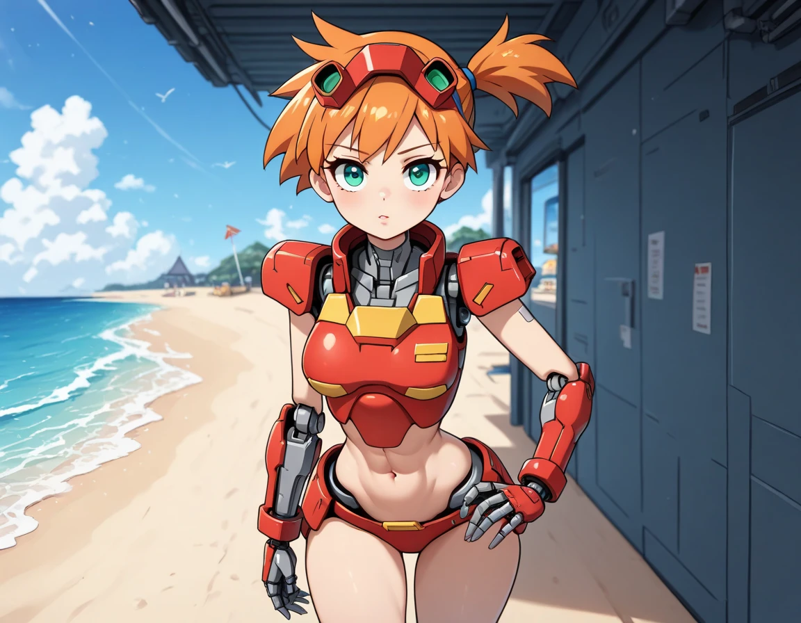 1girl, crab exoskeleton, small natural breasts, short red hair, short twintails, blue eyes, red swimsuit, barefoot, beach, masterpiece quality, ultra HD, 4K, best quality, 