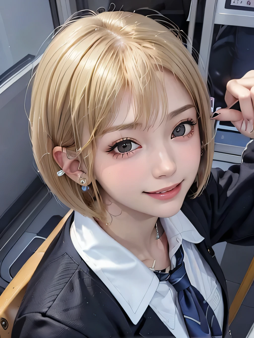 (masterpiece:1.2), ((1woman)), ((pov)), ((portrait)), ((from above)), ((looking up)), ((incoming)), ((in the train)), ((in the crowd)), 21years old, ((gal)), ((blonde hair, bob cut)), {{school uniform, navy blazer, white shirt, long blue tie}}, ((ear piercing)), ((smile)), Japanese