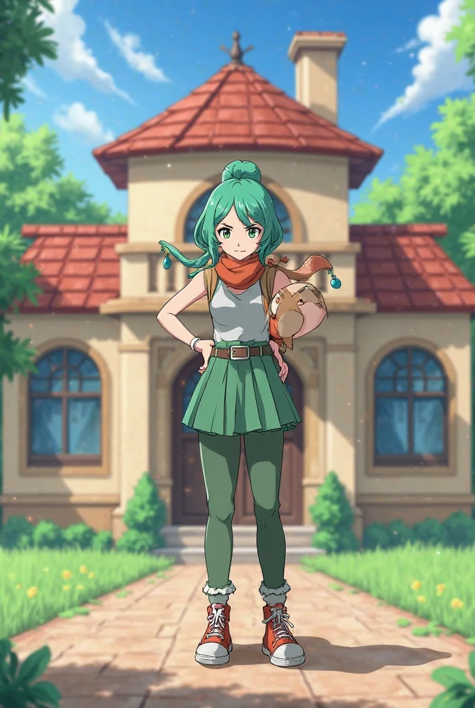 masterpiece , best quality , amazing quality , very aesthetic , absurdres , newest , scenery ,(cowboy_shot:1.1), solo_focus,looking_at_viewer,light_smile,(1girl:1.2),(genderswap_(mtf):1.2),pokemon_bw_style,{n_(pokemon)}green_hair,long_ponytail,hair_between_eyes,blue_eyes,black_hat,large_breasts,black_undershirt,white_shirt,long_sleeves,pendant,brown_pants,standing,flower,vulgarity,masterpiece , best quality , amazing quality , very aesthetic , absurdres ,newest,scenery,