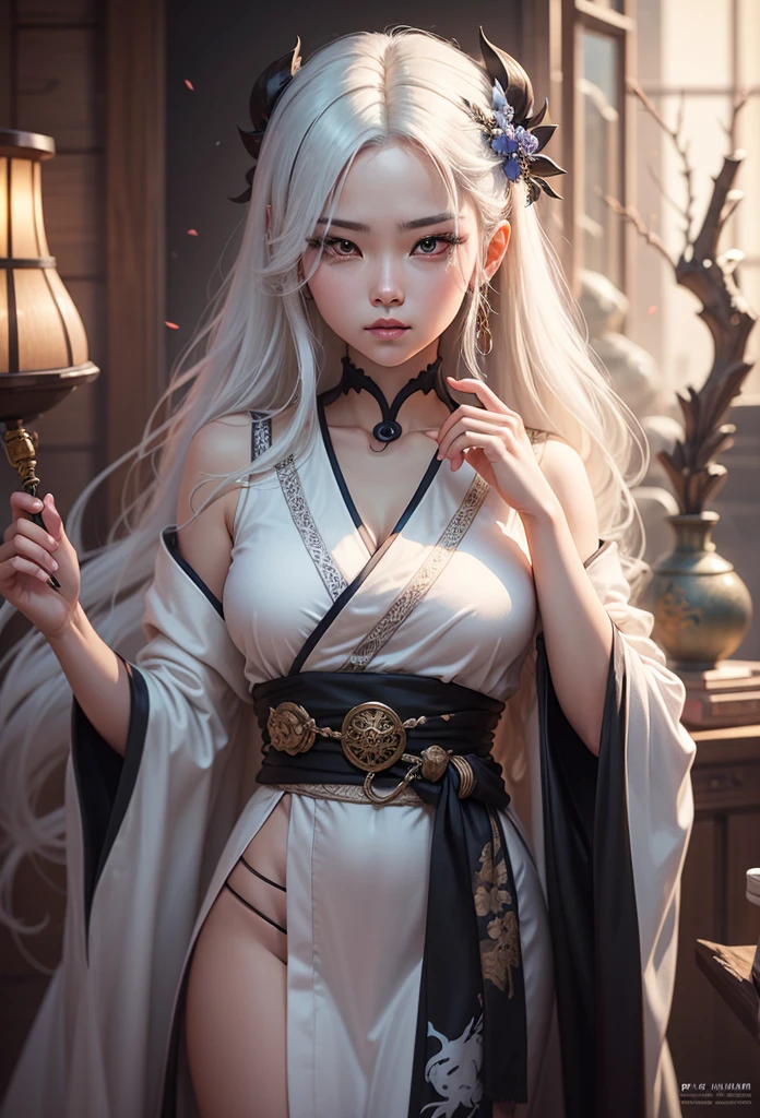 (Positive Focus), (In the Dark: 1 Girl), Surrealist Female Portraits by David Hockney and Alphonse Mucha, Fantasy Art, Photo Realism, Dynamic Lighting, Art Station, Poster, Volume Lighting, Very Detailed Faces, 4k Wallpaper, Award-Won, ,1 Girl Girl, Long Long Hair, White Hair, Fringed Hair Ornament, Peony Flower Hair Ornament, Chinese Girl, Smile Emo, Mole Under the Eyes, Dynamic Perspective, Chinese Style, Red Hanfu, Red Belt, Half-off Shirt, Right Arm Fully Exposed, Bandage Wrapped Around Chest, Bandage bandeau, revealing long legs, seduction, sexy, ancient Chinese street, lantern, oil paper umbrella, background multiple ancient Hanfu pedestrians, red clothes, ribbon fluttering