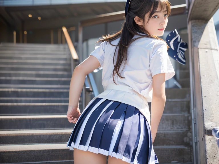 grasp、、((High school girl in a very short sailor suit with short sleeves))、((Realistic  girl with very low height))、、Square sailor collar with ribbon、(High twin tail with ribbon)、drooping bangs、Grabbing your butt on the bus、(((Dark blue pleated skirt with large flip)))、a beauty girl１a person、(buttocks are completely exposed)、(Full exposure of the hip joint)、posterior view、Turned、((Previous Japan Man grabs high school girl's ass))、(((High school girl being molested by Japan men on a crowded train)))、((Japan man grabs her bust from the front))、red blush、(sexual act、erotick)、((Skirt flipped up、Erotic pink piercing panties visible))、high-level image quality、realisitic、(((agony、angry expressions)))、NSFW、