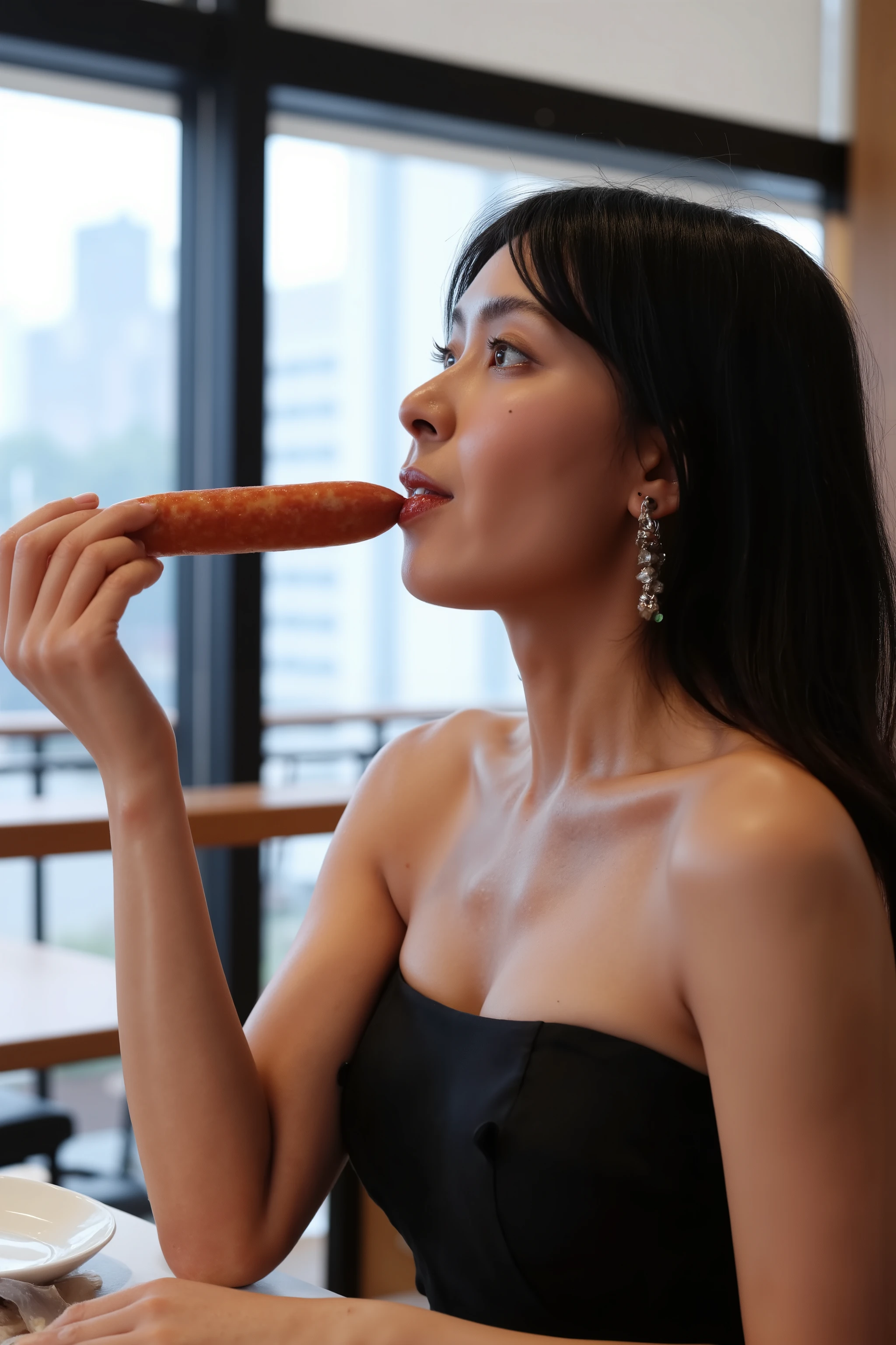 A high resolution photograph of a 30 year old Japanese woman, intricate details, sharp focus, professional lighting, solo, 1girl, an elegant lady, off shoulder party dress, dark hair, pale skin, detailed face, detailed eyes, sophisticated nose, (She opens her mouth wide and licks the thick, phallic shaped sausage, fellatio gesture:1.4), sitting at the diner table, profile, viee from side, face focus, luxury restaurant, cityscape through the large window,