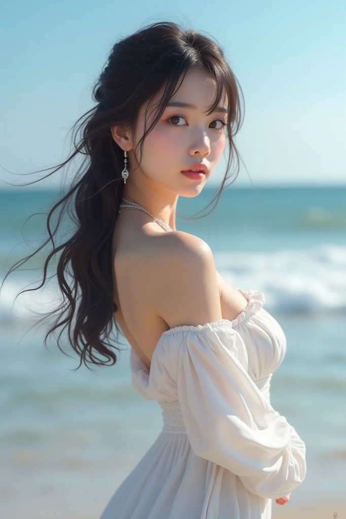 Nikon RAW photos，8K quality，Fujifilm XT3，tmasterpiece，best qualtiy，realisticlying，ultra - detailed，1 girl，独奏，closeup portrait，Gilet blanc，Leakage out of the navel，huge breasts1.2，Ultra shorts，cabelos preto e longos，The sea breeze ruffles the hair，Decouple your hair with your hands，ssmile，Blue sky and sea，Slight waves