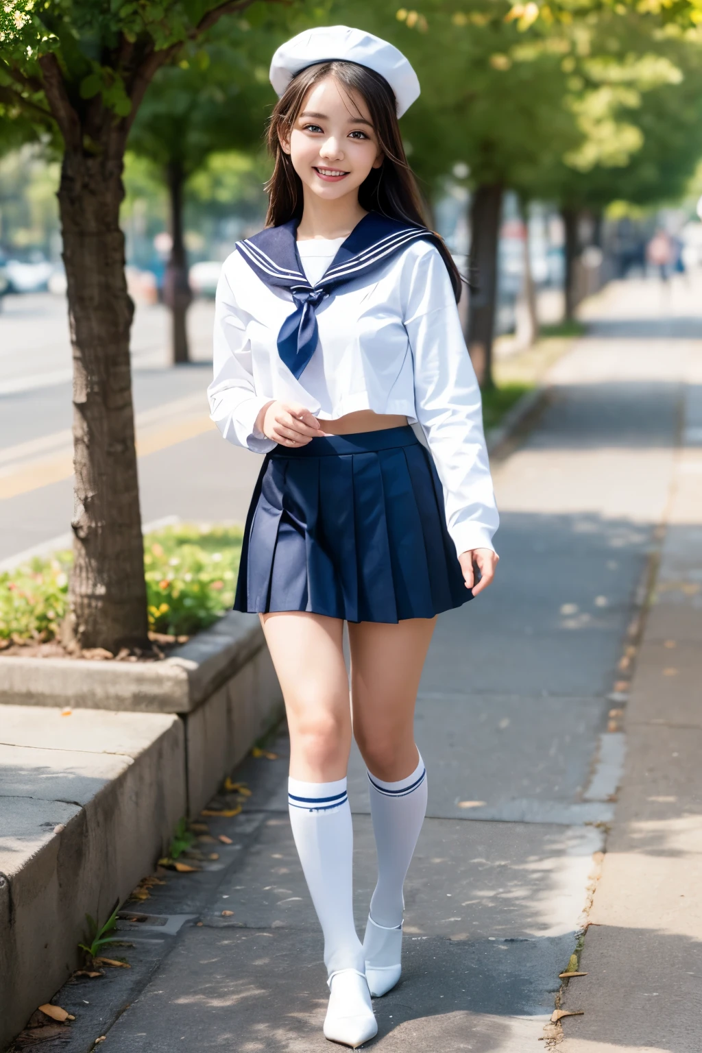 Best quality, full body focus, full body shot, perfect face, soft light, ultra high res, 8k, Masterpiece, , , view the viewer, full body , Front view, (1girl:li:1.5), , Cute face, (blue eys:1.5), (Dark brown Medium hair), beautiful medium breasts, , Beautiful boob, Beautiful finger, Beautiful hands, Beautiful arms, Beautiful feet, Beautiful legs, (high resolution detail of human skin texture) , ((white long sleeves sailor uniform, white pleated skirt, knee-high socks, white with lace trim, white pin high heels)), , Spring Lake Side,, , (( Walking, , smiling, nose blush) , )) , ,score_9, solo, no bra, no panties, ,