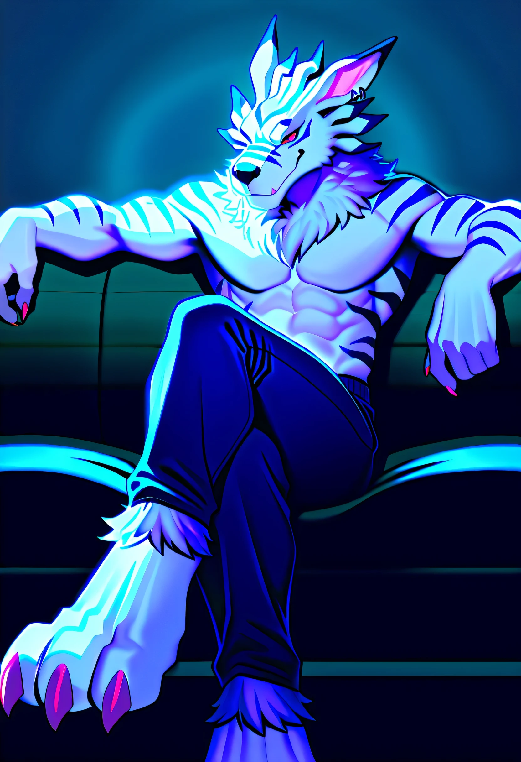 masterpiece, detailed, detailed eyes, detailed face, detailed hands, solo, adult male, weregarurumon, blue pants, topless, sitting in an couch with crossed legs, with both arms on the back of the couch, crossed legs, crossed legs with a leg positioned over and crossing their thigh, smirk, smug, arrogant, full-length portrait,