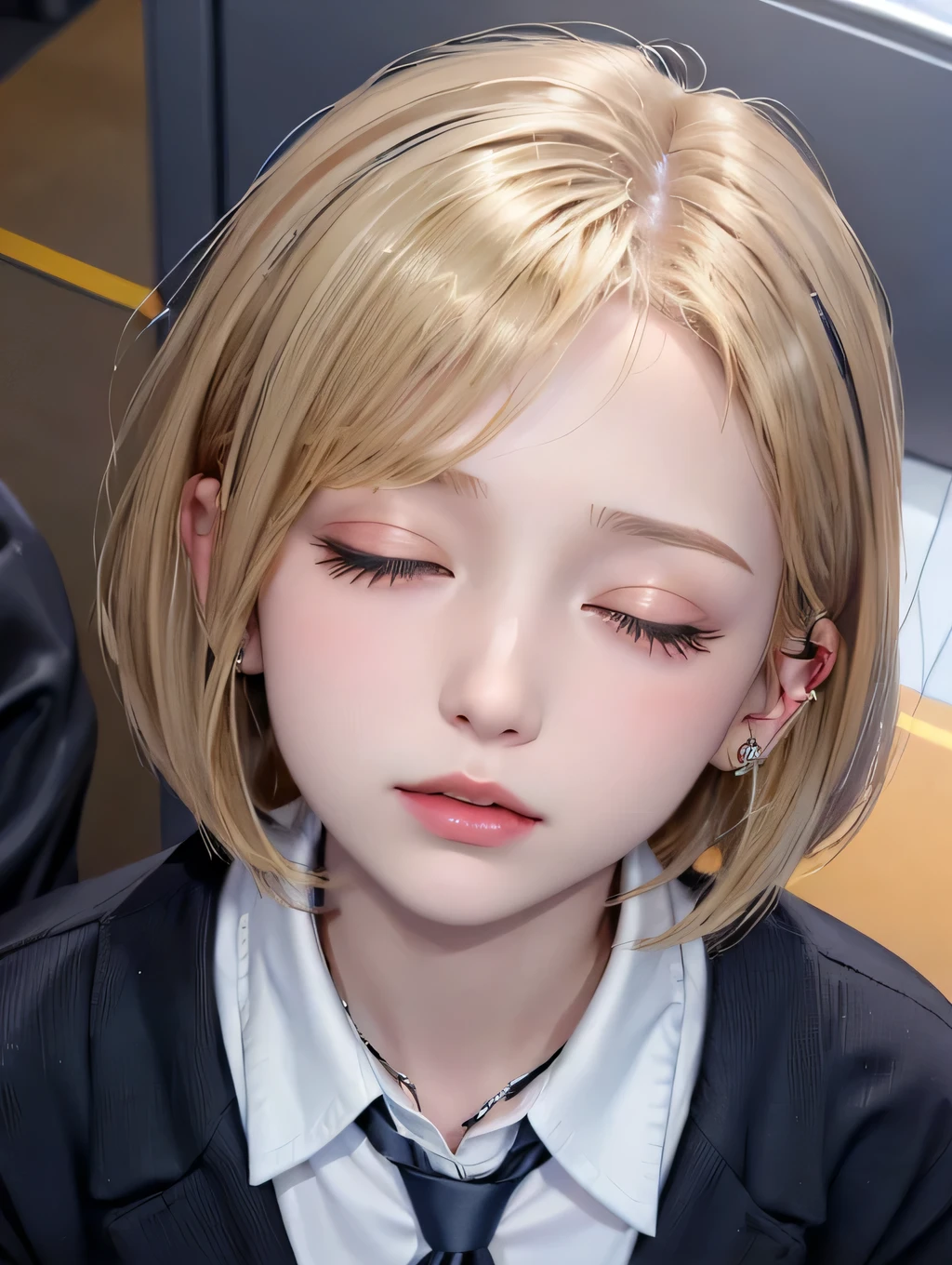 (masterpiece:1.2), ((1woman)), ((pov)), ((portrait)), ((from above)), ((looking up)), ((incoming kiss)), ((in the train)), ((in the crowd)), 21years old, ((gal)), ((blonde hair, bob cut)), {{school uniform, navy blazer, white shirt, long blue tie}}, ((ear piercing)), ((closed eyes)), Japanese
