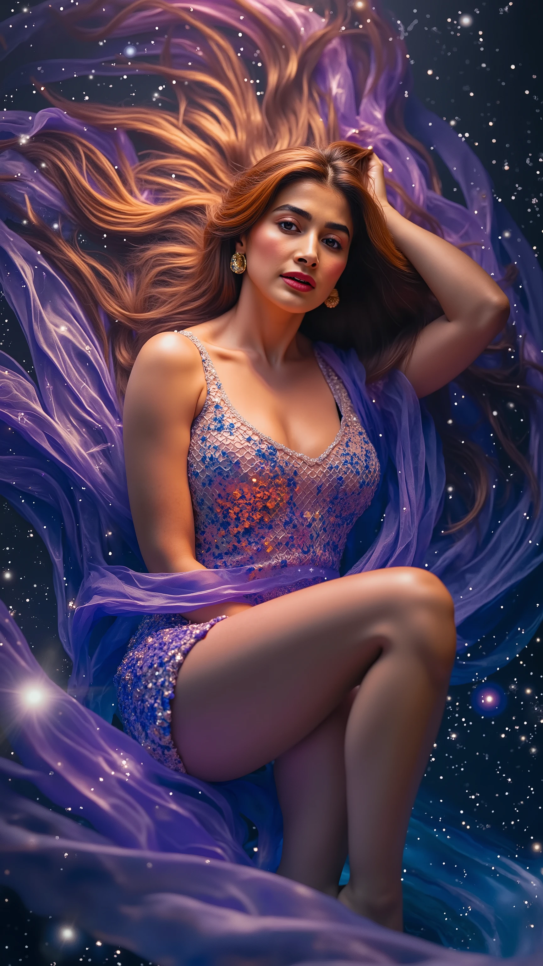 A celestial woman drifts in a zero-gravity space ocean, her body wrapped in an endless veil that glows like woven stardust. The fabric flowing infinitely around her, shifting between deep nebula purples and radiant golden hues. Her long, dark hair intertwines with the fabric, merging seamlessly into the cosmos. Below her, planets and stars reflect in the liquid surface, creating a surreal illusion where the universe bends around her presence. ‘AI INDIE’ subtly appears in the folds of her shimmering cosmic veil, as if stitched by the universe itself.