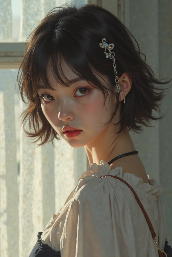 8yk、Raw photo、(masuter piece)、(top-quality)、Hi-Res、(girl with)、(realisitic、Photorealsitic:1.2), Upper body、Red camisole、Facing up、skinny、14years、small tits、Eyes closed、Deep sadness、Sorrow、look up sky、Open mouth、screeming、a room、Background blur