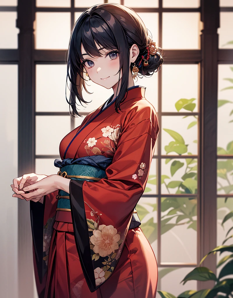 ((Highest quality)),(超High resolution),(Very detailed),(Detailed Description),((The best CG)),(masterpiece),Ultra-detailed art、(Highest quality、8k、32K、masterpiece)、(Realistic)、(Realistic:1.2)、(High resolution)、Very detailed、Very beautiful face and eyes、1 female、((:1.3))、Tight waist、Delicate body、(Highest quality、Attention to detail、Rich skin detail)、(Highest quality、8k、Oil paints:1.2)、Very detailed、(Realistic、Realistic:1.37)、Bright colors、A beautiful woman in her mid-twenties working in Ginza at night。((Japanese style chignon up style:1.8、Decorate with hairpins:1.3。))。The makeup is natural、Enhances natural beauty。((She is wearing a modern black kimono-style dress.:1.8。Sleeves are short、Above-knee hem。Tightened with a red belt。A small clutch bag with a red and gold Japanese pattern。))。The neon lights of Ginza shine in the background.、It creates the atmosphere of a night town.。The style is realistic、Has a photo-like texture。She has a confident look、Smiling at the camera。