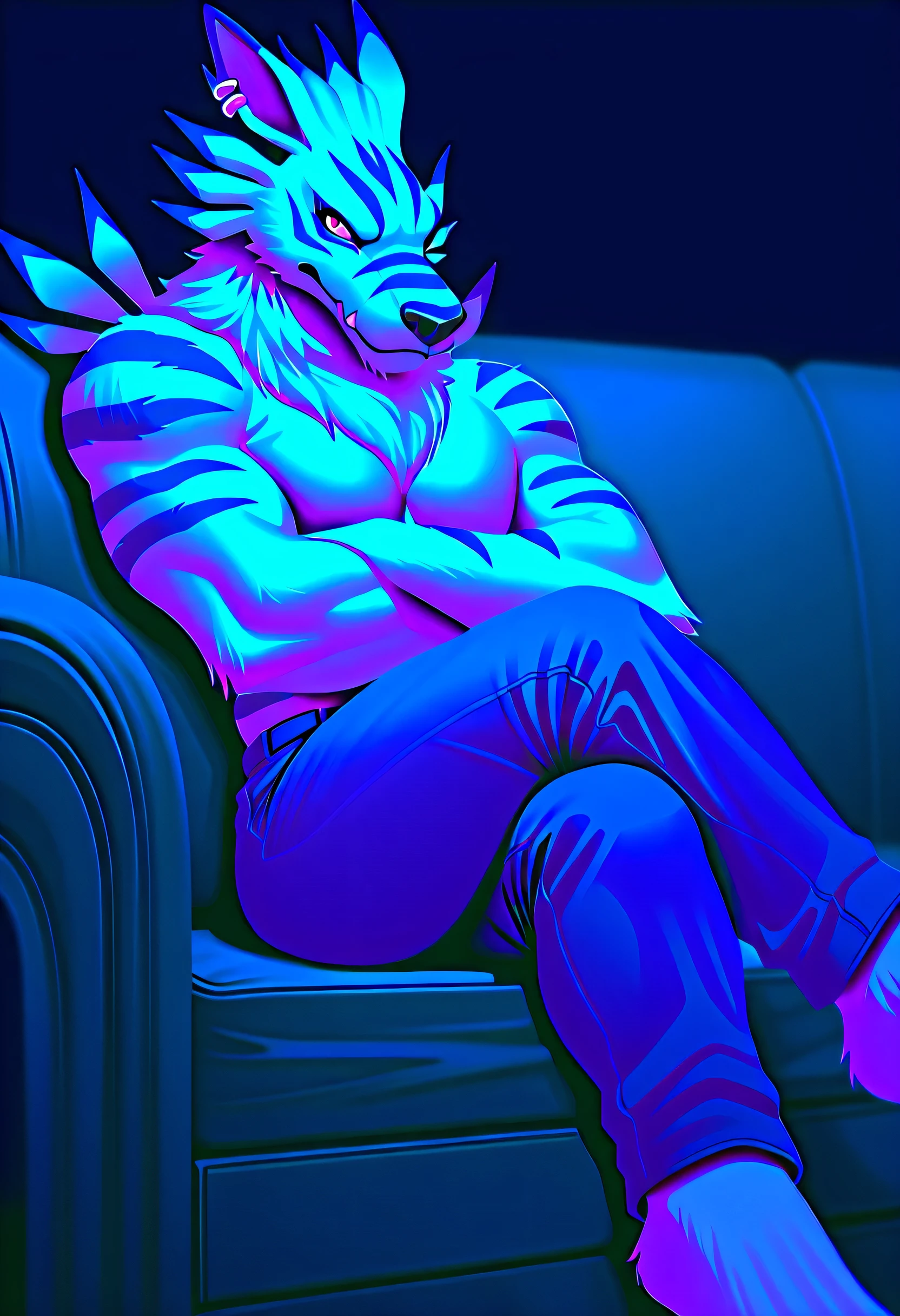 masterpiece, detailed, detailed eyes, detailed face, detailed hands, solo, adult male, weregarurumon, blue pants, topless, sitting in an couch with crossed legs, with both arms on the back of the couch, crossed legs, crossed legs with a leg positioned over and crossing their thigh, smirk, smug, arrogant, full-length portrait,