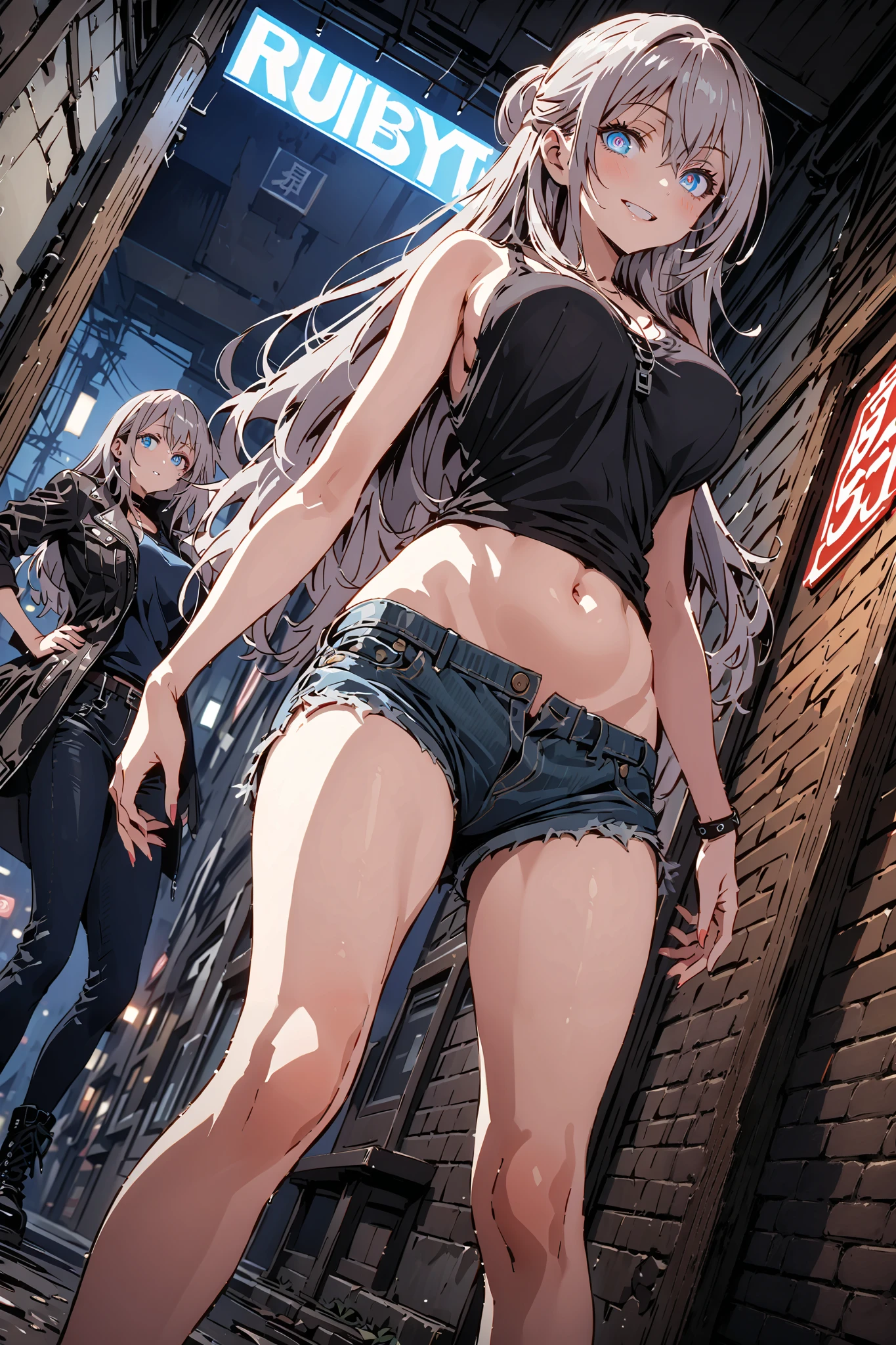 2girl, two girl , evil smile, smile, blush, lipstick, long hair, fur trim, mature female, gloves, fur-trimmed coat, outdoors, rooftop, cityscape, building, railing, night, night sky, scenery, city lights, lipstick, jacket, masterpiece,high quality,4k, bare shoulder,belly,crop top,outdoor,cleavage,jeans,casual dress,street,road,smile, open mouth, (nsfw) not safe for work, holding a gun,handgun, evil expression, exposed belly, exposed navel, exposed midriff, exposed lower belly, crop top overhang, underboob, unbuttoned jeans , low rise black jeans, Low rise jeans, Low rise jeans with open fly, navel piercing