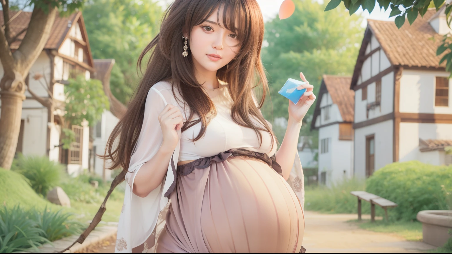 A little loli, (super huge breasts with huge breasts), pregnant with a pregnant belly of decolets, wearing a Lolita dress