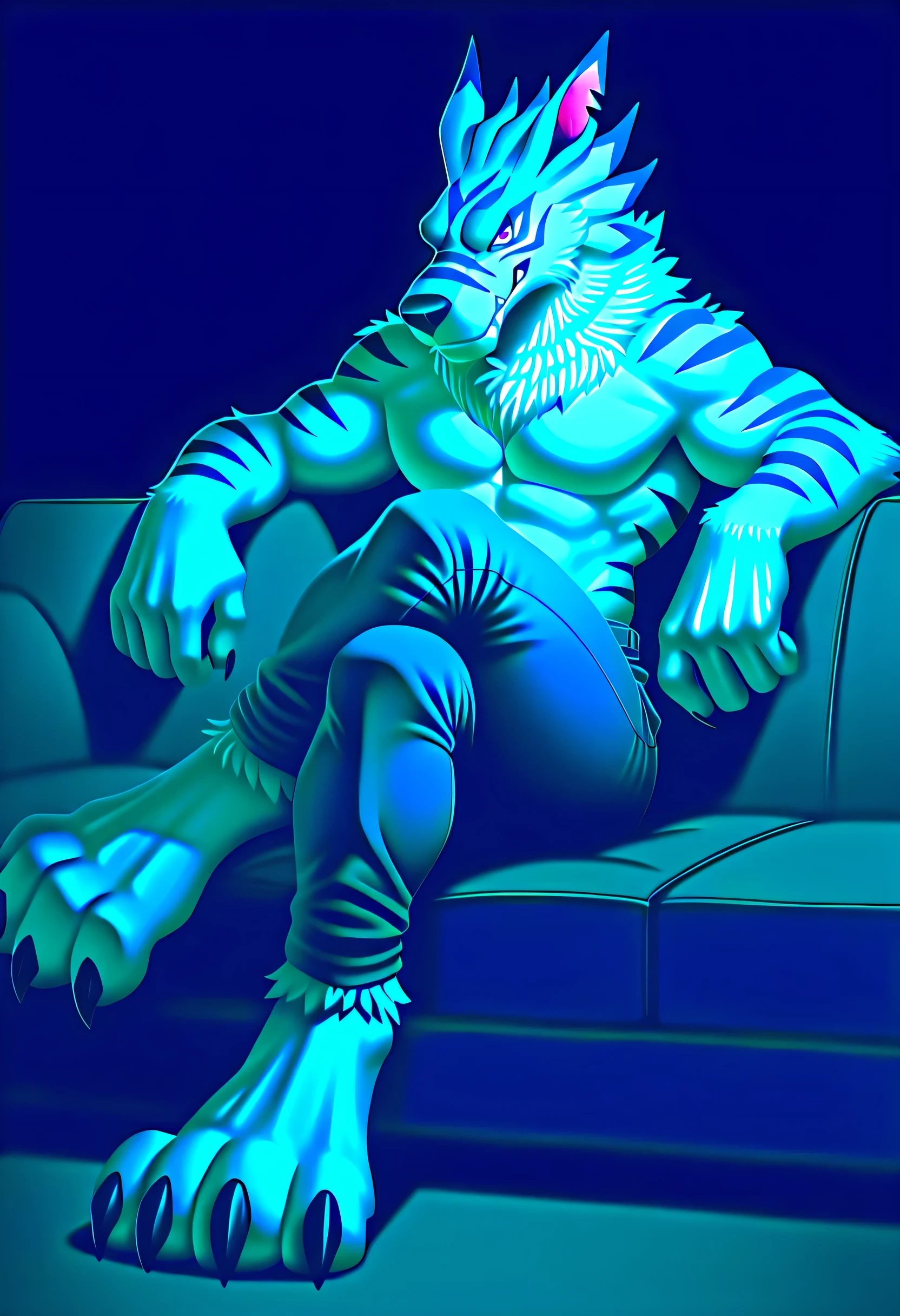 masterpiece, detailed, detailed eyes, detailed face, detailed hands, solo, adult male, weregarurumon, blue pants, topless, sitting in an couch with crossed legs, with both arms on the back of the couch, crossed legs, crossed legs with a leg positioned over and crossing their thigh, smirk, smug, arrogant, full-length portrait,