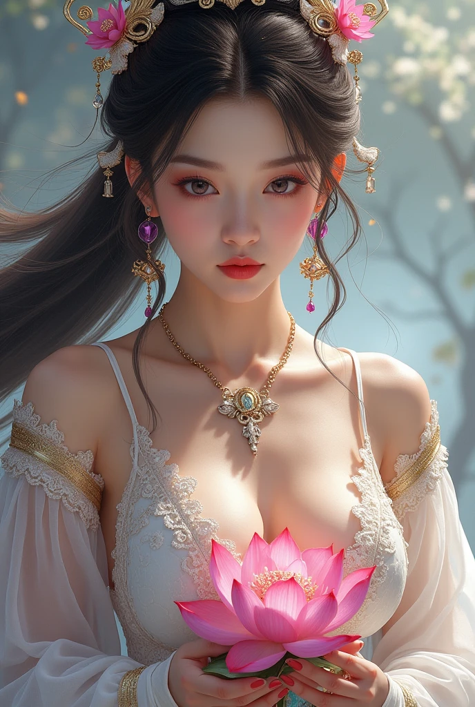 Close-up of a woman in sexy transparent lace armor made of white gold with a plunging neckline, big breasts and lotus flower in hand, Jewelry on the head, purple necklace, Jade Belt , Tinted abs, fair empress fantasy, ((fair empress fantasy)), beautiful celestial mage, Beautiful character art, Whole body xianxia, portrait knights of the zodiac girl, Ian J., G Lullian art style, fantasy art style, angle