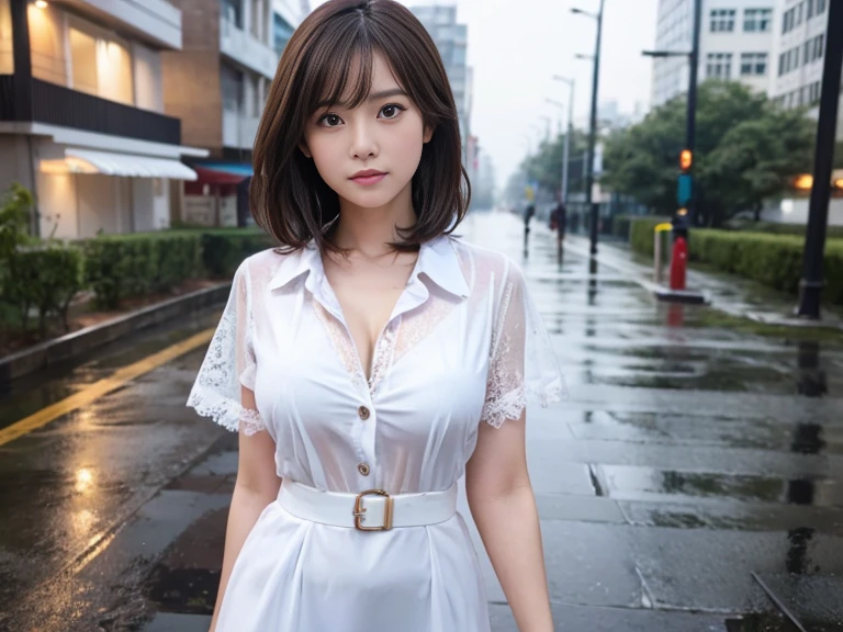 (8k, Best Quality, Masterpiece: 1.2), (Realistic, Photorealistic: 1.37), Super Detailed, 1 Girl, Cute, Alone, Beautiful Detailed Sky, Detailed Cafe, Night, Sitting, Date, ( Nose blush), (smile: 1.15), (close mouth) small breasts, beautiful details, (collared shirt: 1.1), night, wet, business wear, rain, white lace, (short hair: 1.2), floating Hair NovaFrogStyle,