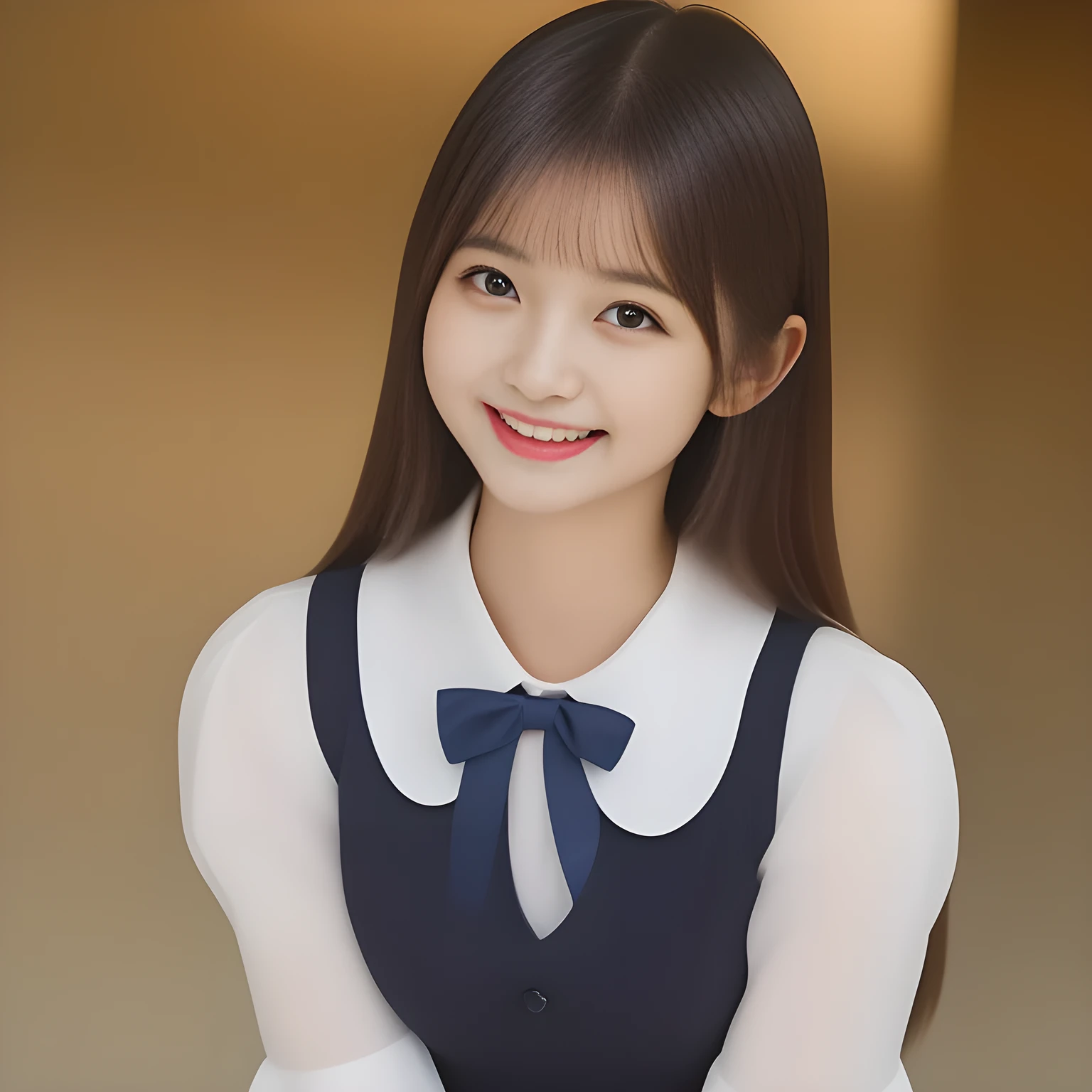(masterpiece, best quality:1.2), High resolution, 1080P, 8K, 1girl, solo, (A noble, neat, intelligent and beautiful slender yo Japanese girl: 1.3), (Incredibly well organized pure white face, Glossy lips, Very long black beautiful straight hair like a hair model, Pure and clear eyes, Noble and neat Japanese school uniform, Cute school ribbon bow-tie: 1.2) ((Dark blue) Japanese school girly vest Uniform with neat girly glossy expensive frilled school blouse, puffed sleeves, (cutest well-pleated skirt): 1.6), (beautiful legs, white socks and school loafers), (Using expensive face-whitening cosmetics to make her skin more beautiful and pure by professional makeup artist: 1.0), (The neat beautiful girls know well about the viewer's super fetishism for school uniforms, and satisfies it completely with skirt: 1.0), ((Inviting me) to come most close with (mind-melting maximum laughter) and (noble hand gesture) like alluring and looking into my eyes: 1.0)