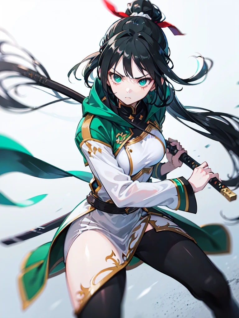 female,qin liangyu \(fate\),solo,black hair,black fingerless gloves,white chest,black thighs,elbow gloves,double white bun,holding pole,spandex body suit,green eyes,hair_ribbon green,white cape,battle stance