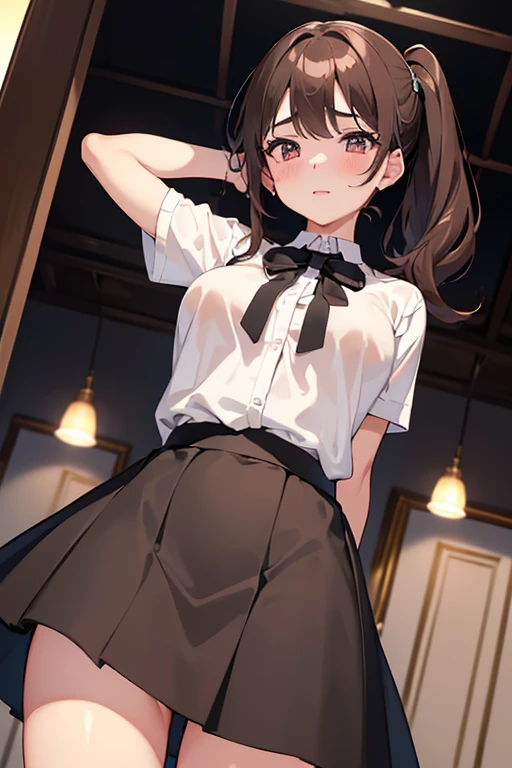 masterpiece、absurderes、女の子1人、hair clips、short-hair、Braided hair、eye glass、Black tie、shirt with collar、Sheer white shirt、garter strap、garterbelts、pink underpants、Pointing、put hands on the hip、Slouched、Embarrassed face、Locker Room、