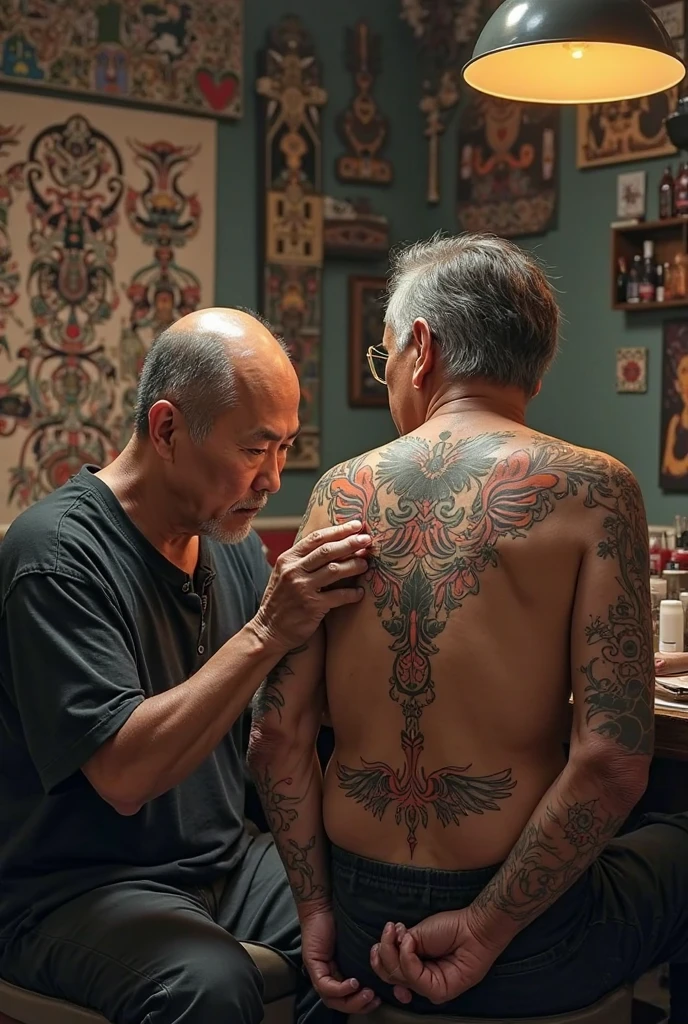 black and white photo of an old mans back, having shiba inu tattooed on his back