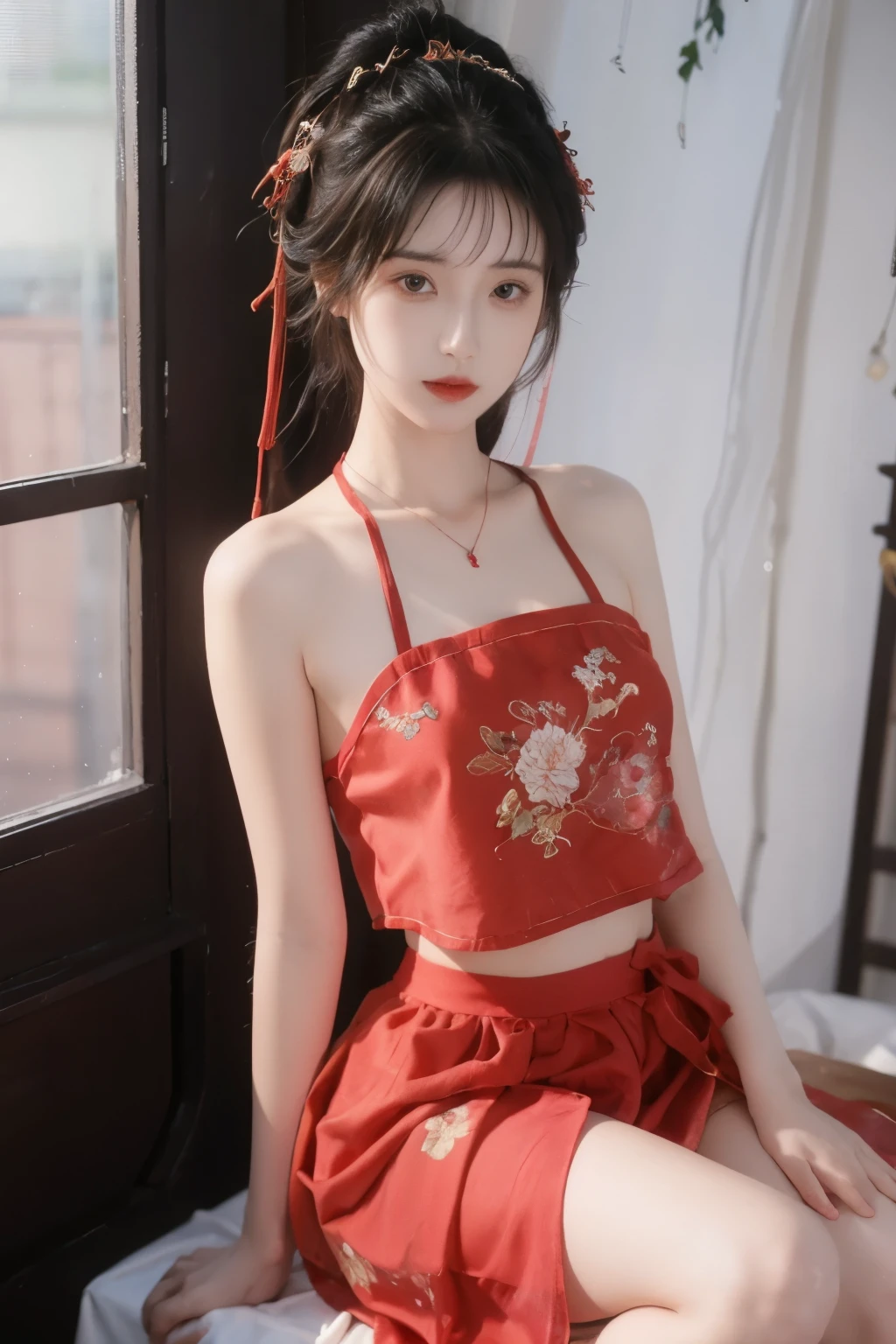 is the best quality, masterpiece, High Aims, 1 girl, Beautiful red Hanfu, Hair ornaments, necklace, ornament, pretty face, When the body, Tyndell effect, Realistic portrait, Dark Studio, Edge lighting, Bicolor Light , (very delicate skin:1.2), 8,000 uhd, digital SLR camera, Soft Light, High quality, Volumetric Lighting, Honest, photo, for higher resolution, 4K, 8,000, Bokeh, dark hair,PINK HAIR TIPS, pink eyes.1 girl, skirt, Hair accessories , red skirt, alone, Chinese clothing , long hair, Sitting, now l polish {x} bare shoulders, window, brown hair, OK, interior, dark hair,