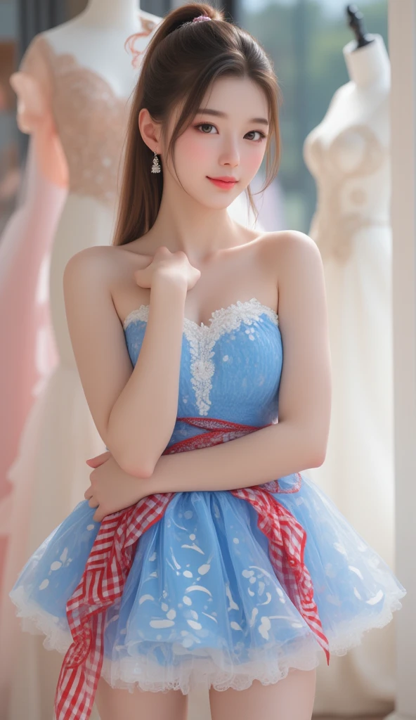 ((Bare shoulders)), ((Full breasts)), ((Very big breasts)), ((The skirt is very short)), ((Very beautiful legs)), ((Standing)), ((cowboy shot)), actual, Fashion Girl, red lips, Mature women, Exquisite makeup, big eyes, beautiful, (best quality, masterpiece:1.2), Super detailed, (actual:1.37), ((Random Scenes, Random shooting angle)), Young and energetic, Charming model, (Exquisite eyes, delicate lips), Show a bright smile, Create stunning girl images, warm color, Extremely saturated colors, Official Art, Extremely detailed CG, Unity 8k Wallpaper, (High Dynamic Range :1.4), (Movie atmosphere),(Soft colors), (Natural skin texture, ultra-actual, Soft Light, sharp),(Very detailed), night, moonlight, ((Correct Legs)), ((Anatomically correct))
