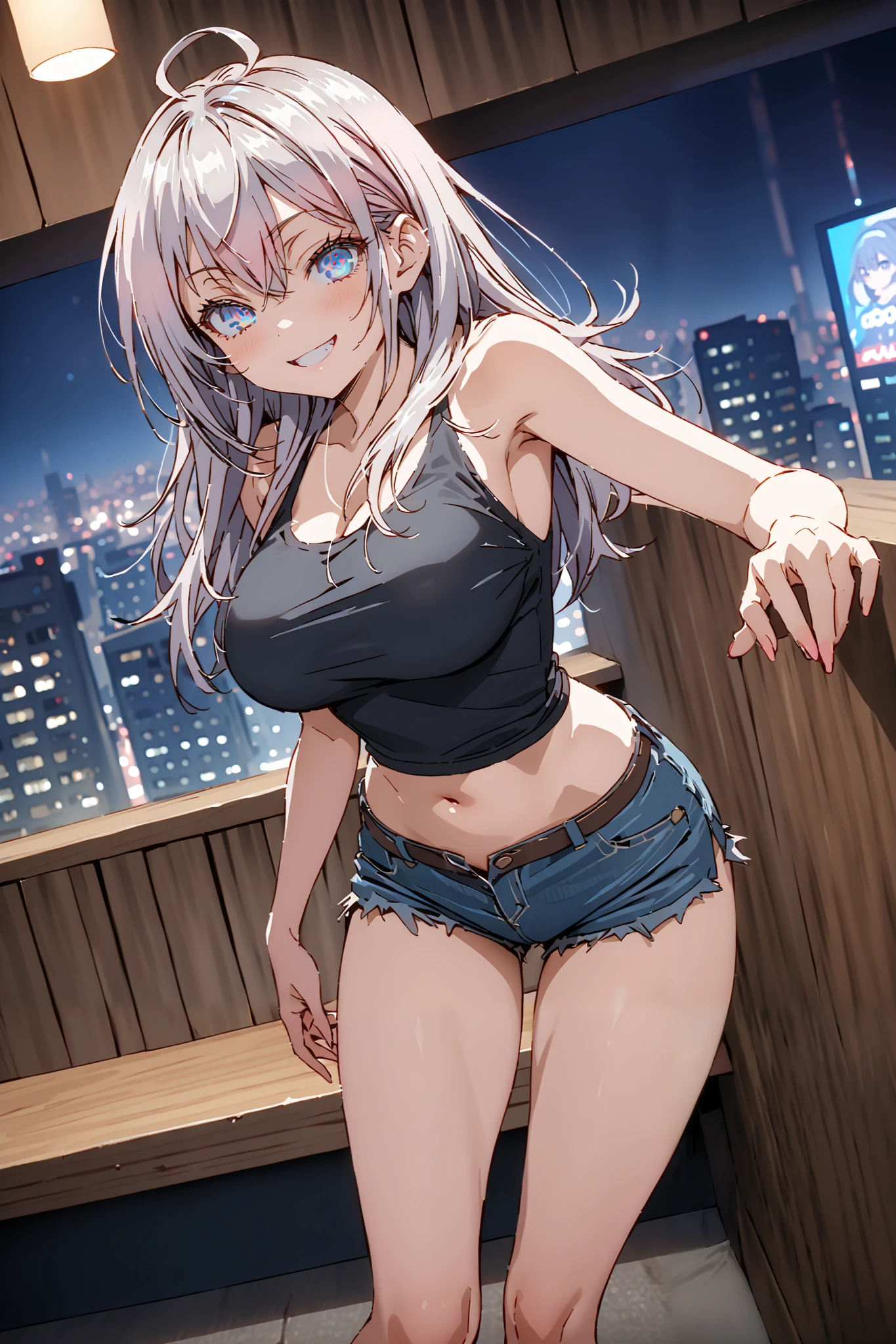 score_9, score_8_up, score_7_up, source_anime, Alisa Mikhailovna Kujo, Alone,long hair, bungs, blue eyes,stupid hair, Gray Hair,half updo,Big Breasts,riders jacket, BLACK TANK TOP,underboom,belly button sticking,denim micro shorts,Bare legs,boots,put your hands on your lower back,standing,smile, grin ,Nōn,night,angle from below,night,Bar district,full bodyがillustration for both eyesに入るように,break outdoors,City,
break looking at viewer,full body,
break (masterpiece:1.2), Top Quality, High Resolution, Unity 8K Wallpaper , (illustration for both eyes:0.8), (Beautiful Detailed Eyes:1.6), highly detailed face with a woman, perfect lighting, highly detailed CG, (perfect hands in a dark bedroom, perfect anatomy),