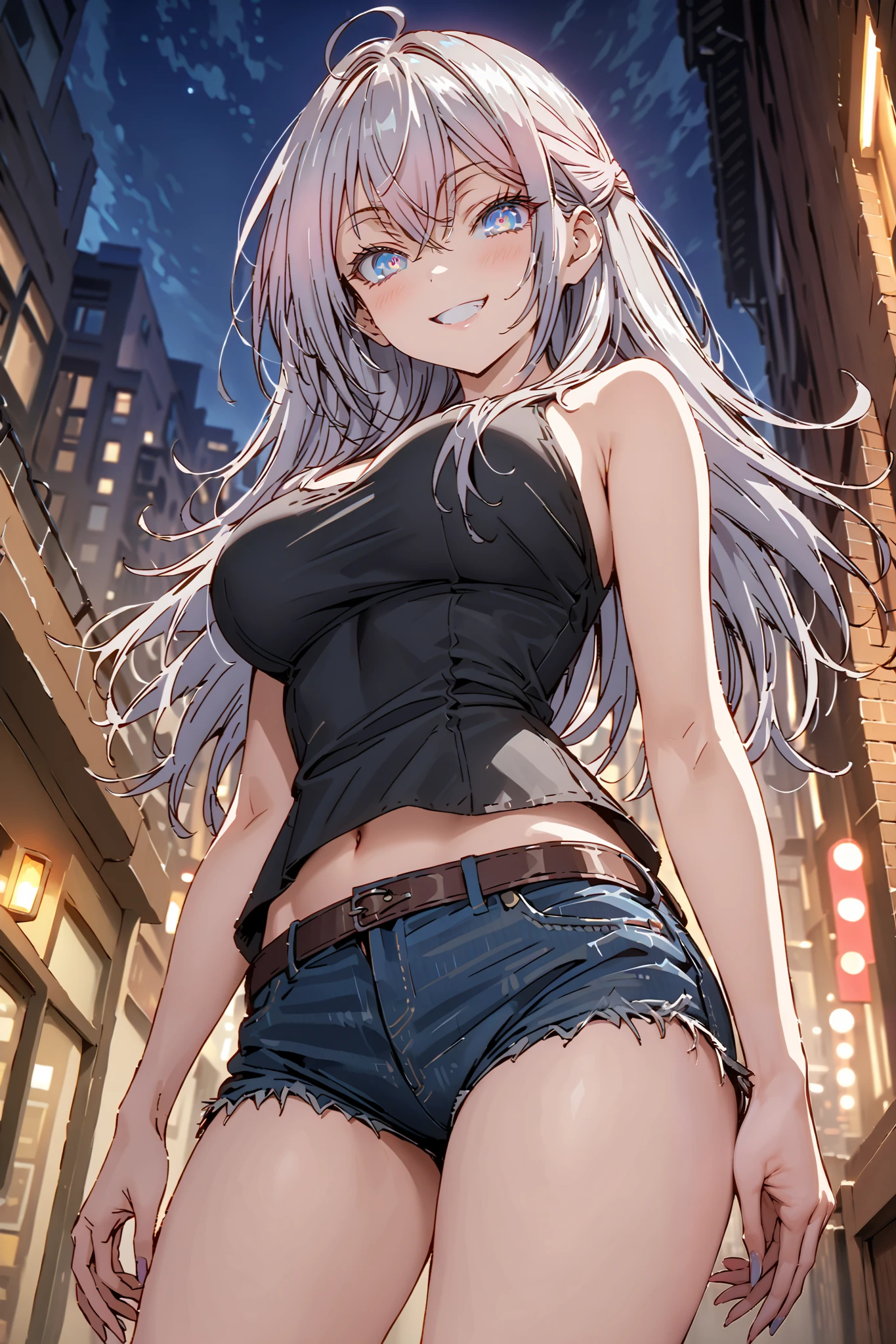 score_9, score_8_up, score_7_up, source_anime, Alisa Mikhailovna Kujo, Alone,long hair, bungs, blue eyes,stupid hair, Gray Hair,half updo,Big Breasts,riders jacket, BLACK TANK TOP,underboom,belly button sticking,denim micro shorts,Bare legs,boots,put your hands on your lower back,standing,smile, grin ,Nōn,night,angle from below,night,Bar district,full bodyがillustration for both eyesに入るように,break outdoors,City,
break looking at viewer,full body,
break (masterpiece:1.2), Top Quality, High Resolution, Unity 8K Wallpaper , (illustration for both eyes:0.8), (Beautiful Detailed Eyes:1.6), highly detailed face with a woman, perfect lighting, highly detailed CG, (perfect hands in a dark bedroom, perfect anatomy),