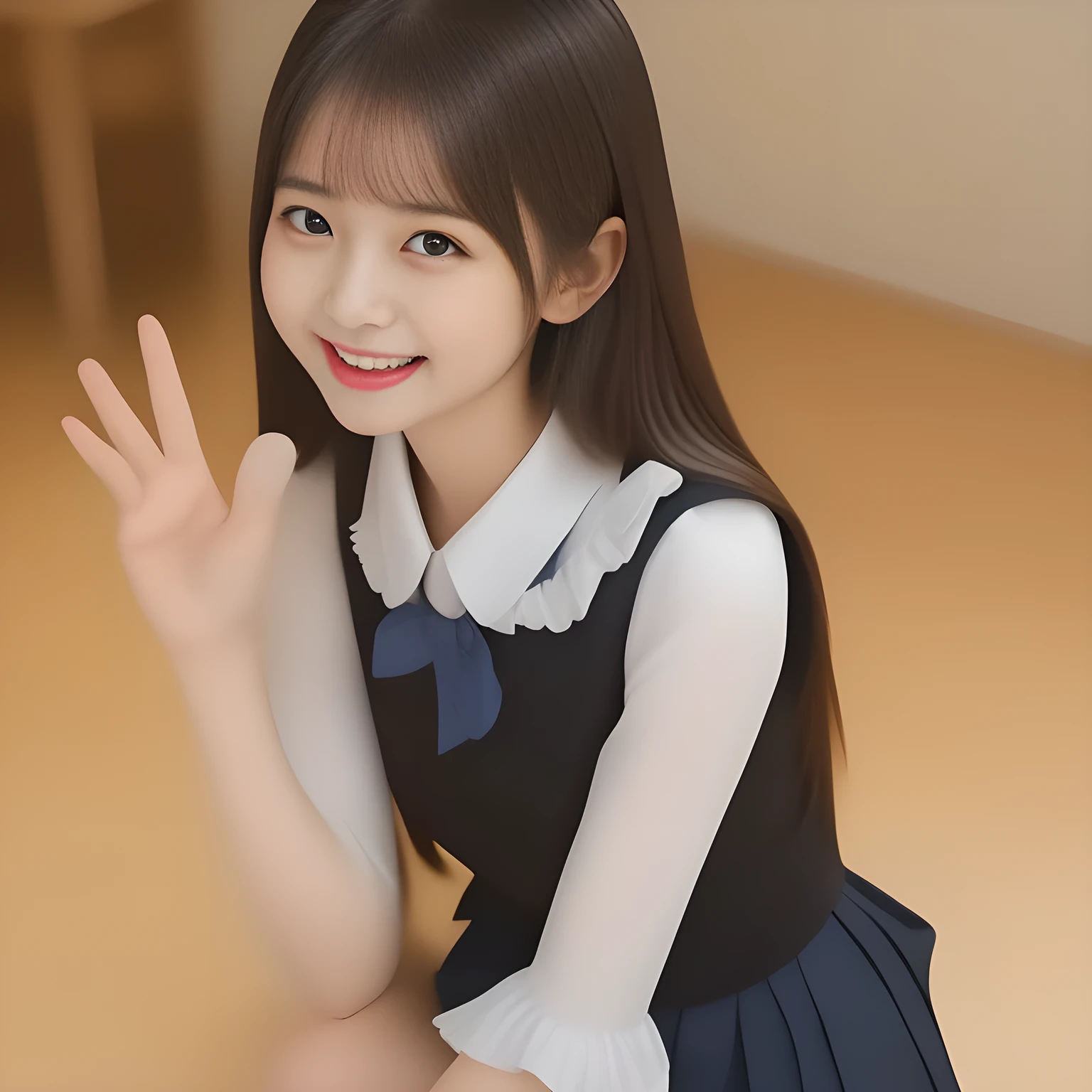 (masterpiece, best quality:1.2), High resolution, 1080P, 8K, 1girl, solo, (A noble, neat, intelligent and beautiful slender yo Japanese girl: 1.3), (Incredibly well organized pure white face, Glossy lips, Very long black beautiful straight hair like a hair model, Pure and clear eyes, Noble and neat frilled Japanese school uniform, Cute school ribbon bow-tie, girly & fluttering: 1.2) ((Dark blue) Japanese school girly vest Uniform with neat girly glossy expensive ((frilled)) school blouse, puffed sleeves, (cutest well-pleated skirt): 1.6), (beautiful legs, white socks and school loafers), (Using expensive face-whitening cosmetics to make her skin more beautiful and pure by professional makeup artist: 1.0), (The neat beautiful girls know well about the viewer's super fetishism for school uniforms, and satisfies it completely with skirt: 1.0), ((Inviting me) to come most close with (mind-melting maximum laughter) and (noble hand gesture) like alluring and looking into my eyes: 1.0)