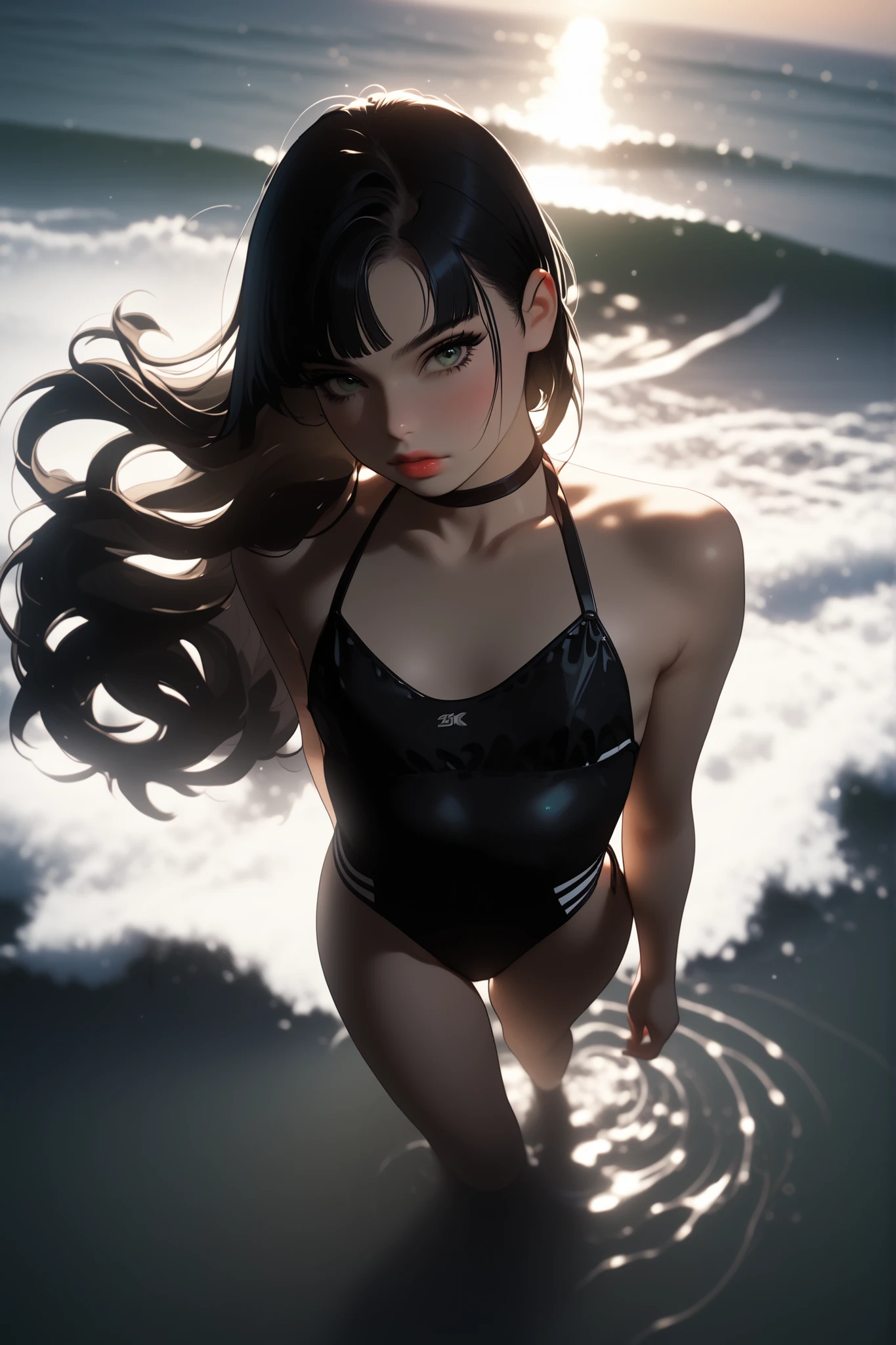 (Highest quality, 8k, 32K, masterpiece, Ultra-high resolution,:1.2),born, One girl,Super cute , Natural light,Clear, shining eyes, 20-year-old ,Fair skin, Black Hair, Medium Hair, ponytail, Bold Swimsuit