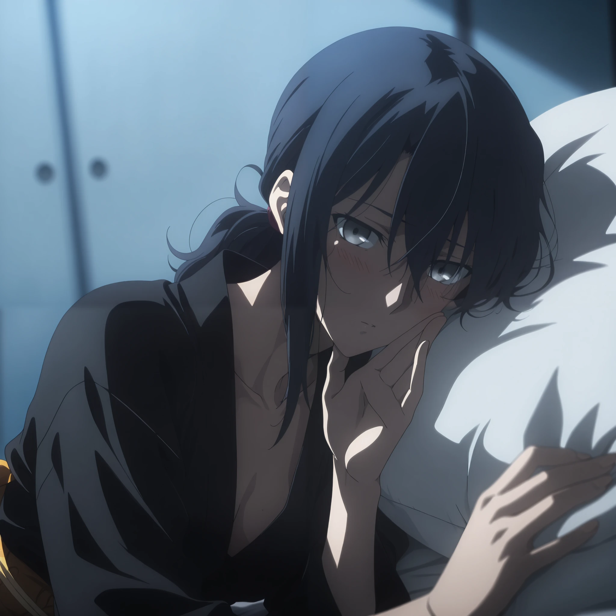 masterpiece, best quality, amazing quality, highres, absurdres, very aesthetic, high resolution, ultra detailed, perfect details, midnight, ,indoors, ufotable style, (blue hour), (from side), ,
1girl, solo, ufotable style, anime style, (anime coloring:1.5), (anime screencap:1.2) ,(aged up:1.4),
girl, mature, slim body, slender body, ,Fate Grand Order, fate, Fate Grand Order, medium hair, (straight hair, low ponytail), gray eyes, black hair, on side, ((whispering)),
((black high neck, black kimono)), ((small breast)), (looking at viewer), (embarrassed), blush,